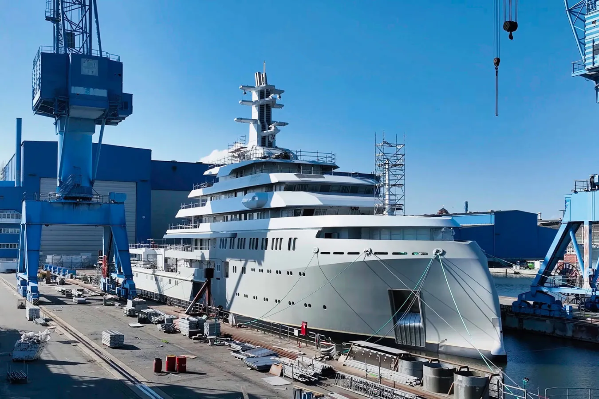 Project Shackleton, also known as Project Icecap, an ice-class expedition superyacht by Lürssen, captured during construction as one of the major superyachts expected to launch in 2026.