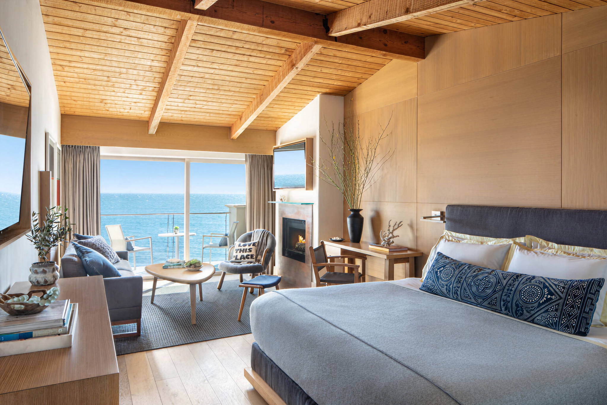Oceanfront guest room at Malibu Beach Inn with balcony and Pacific views
