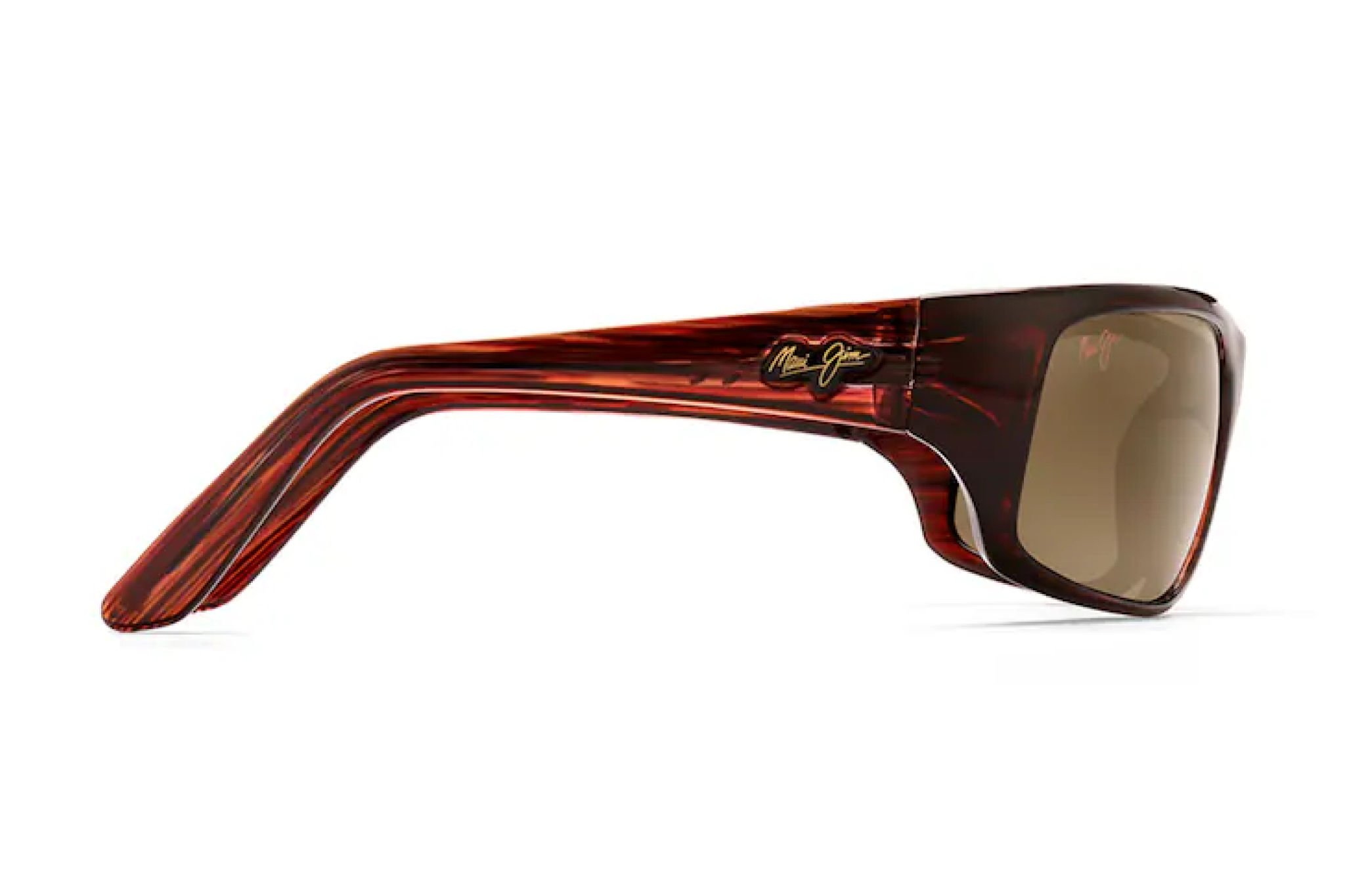 Side profile of Maui Jim Peahi Sunglasses showing the logo and thick temple design in red tortoise frame