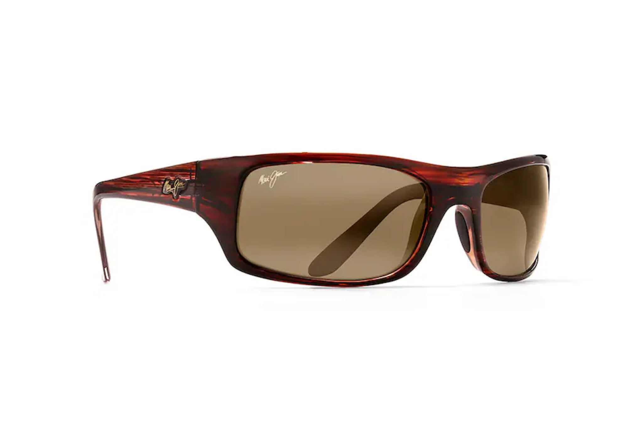 Angled view of Maui Jim Peahi Sunglasses highlighting lens curvature and full-coverage frame for water activities