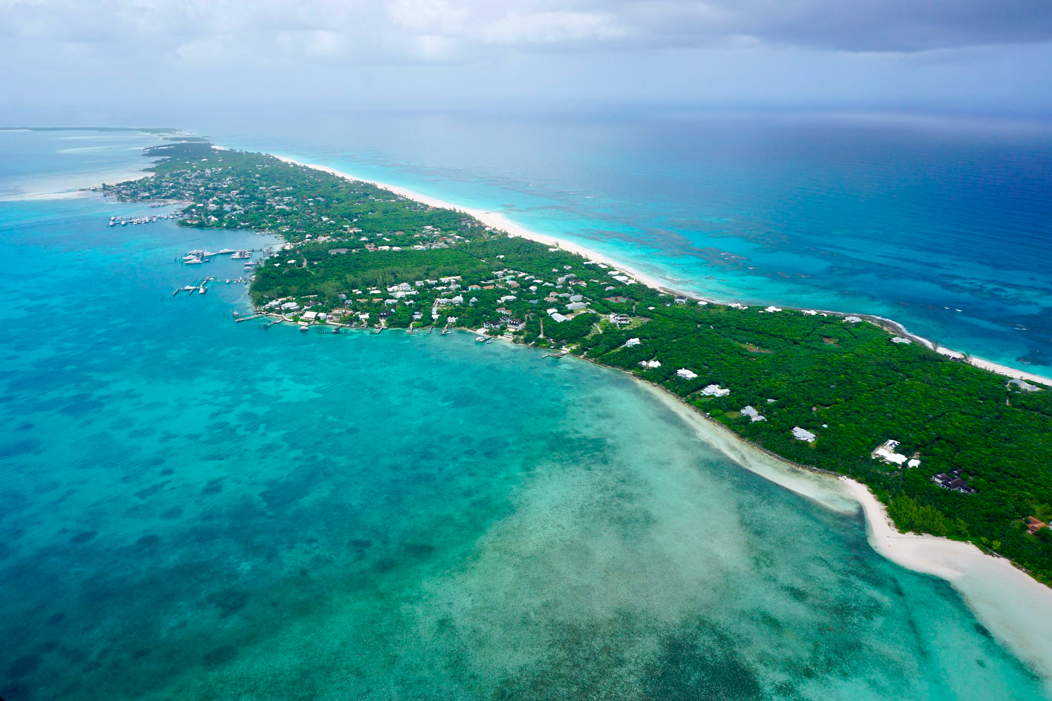 Aerial panorama of Harbour Island's famous pink sand beaches, one of the most beautiful islands in the Caribbean
