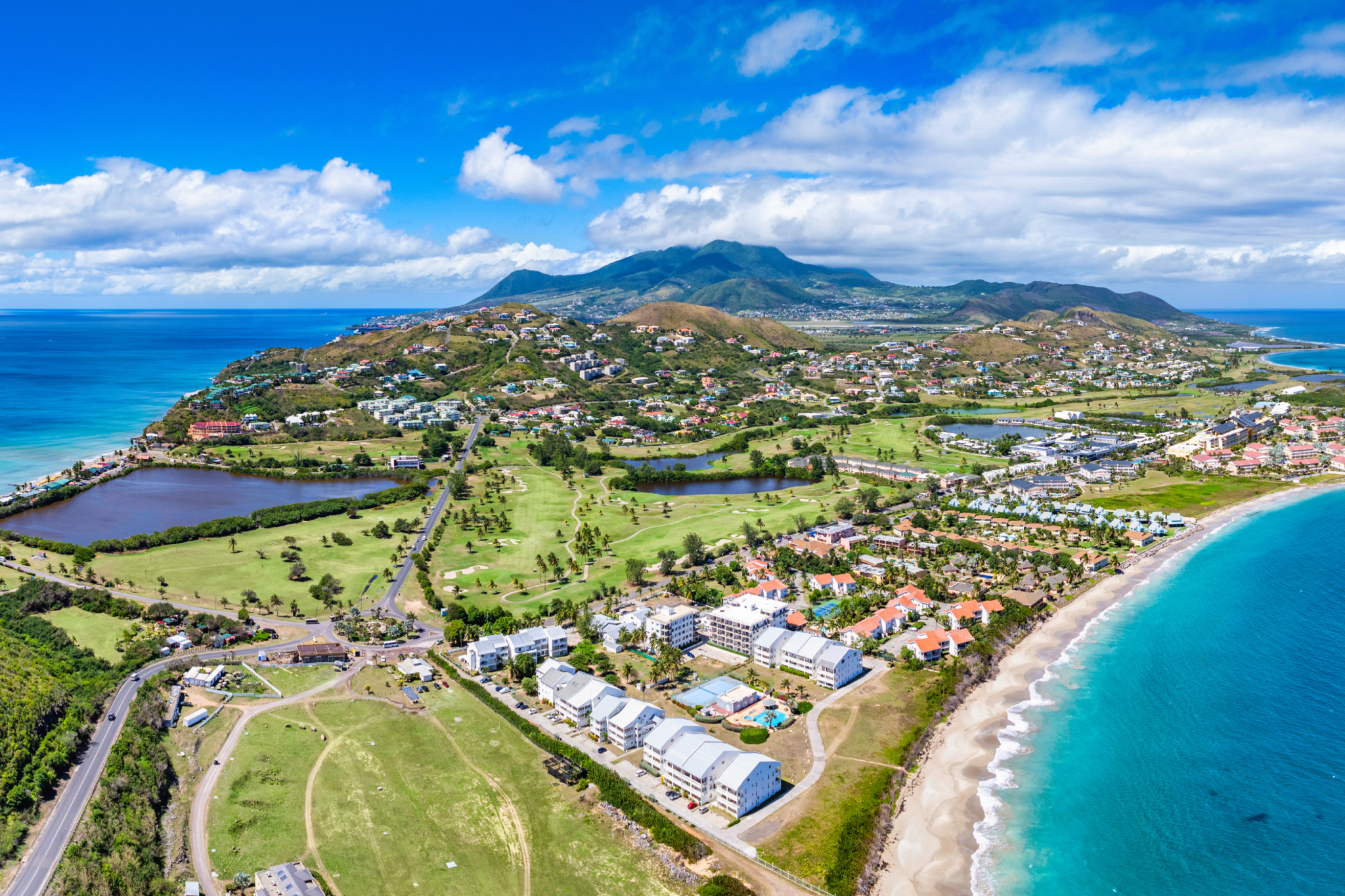 Aerial view of Nevis showing Mount Nevis, golf course and pristine beaches of this most scenic Caribbean island