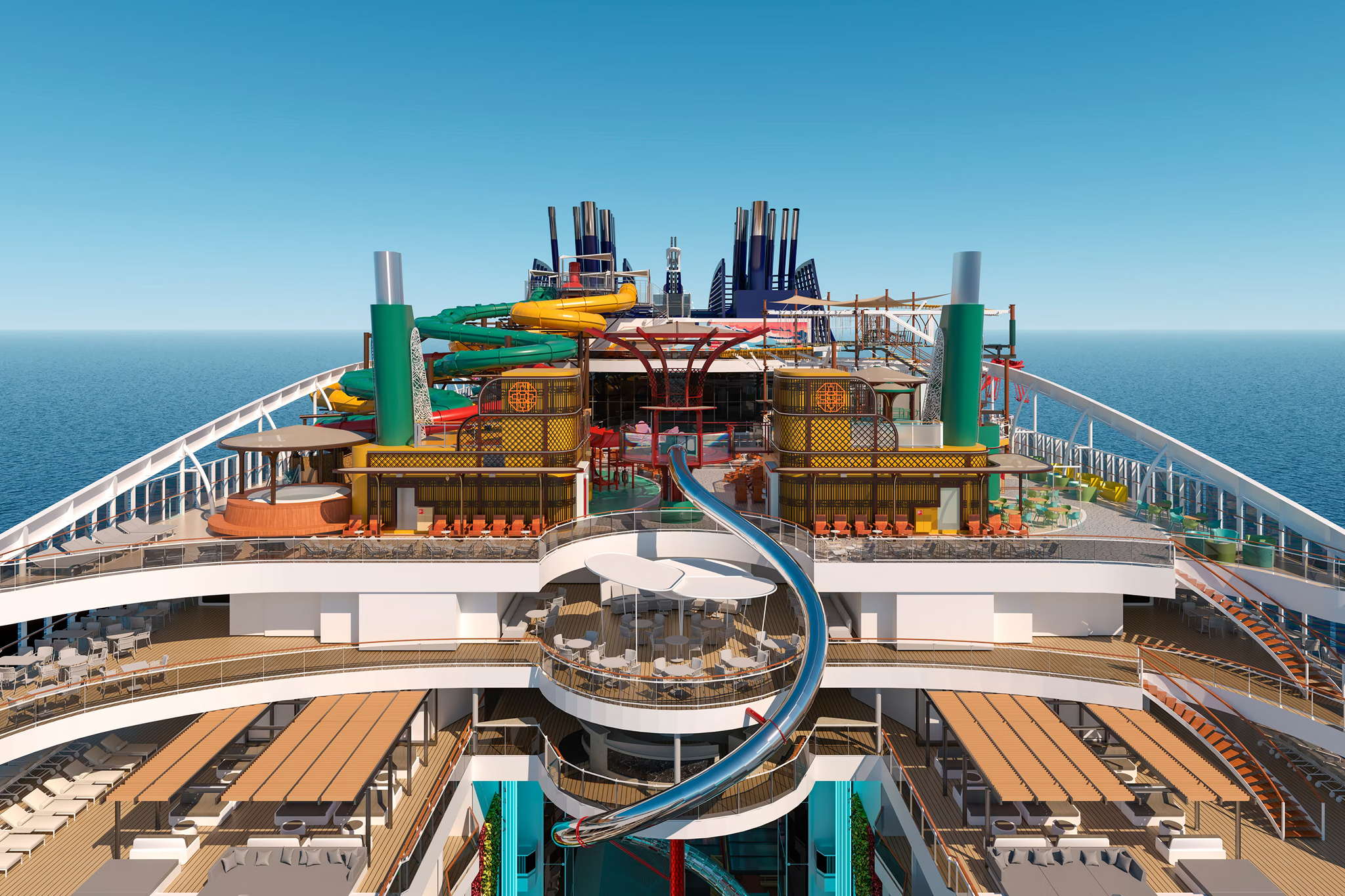 Upper deck view on MSC World Asia featuring open-air family zones, multi-level entertainment areas, and expansive outdoor spaces
