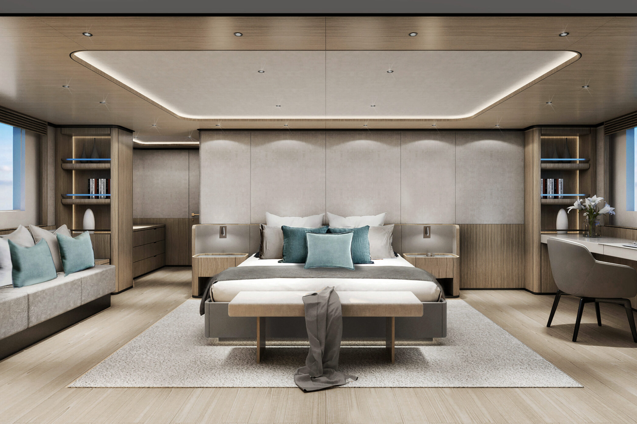New Atlante Classic 36 master stateroom with full-width bed, seating area, and modern wood finishes.