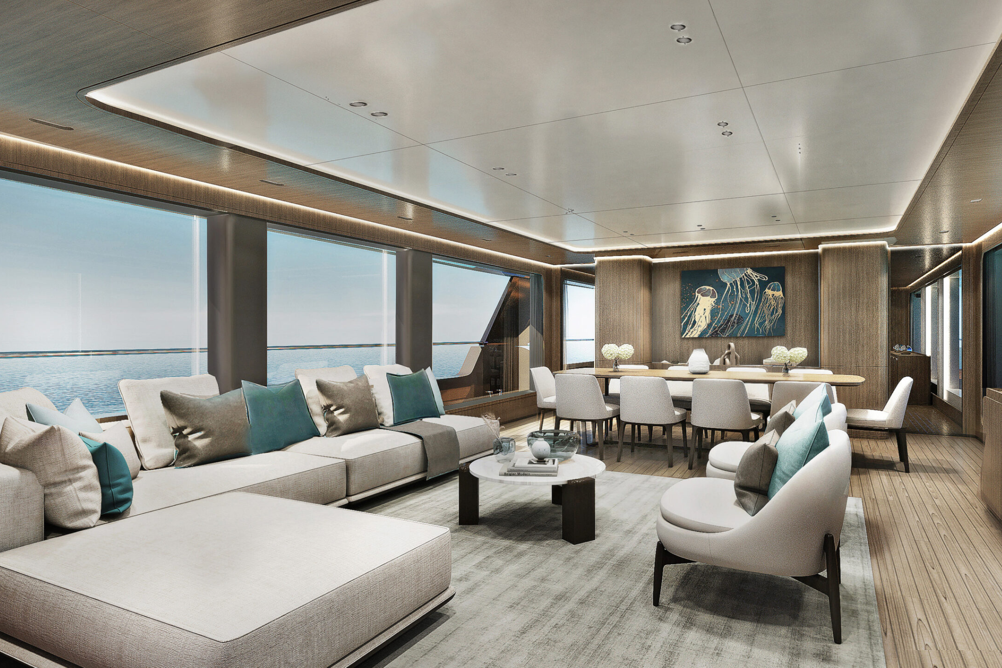 Interior of the New Atlante Classic 36 main salon with panoramic windows, dining table, and contemporary furnishings.