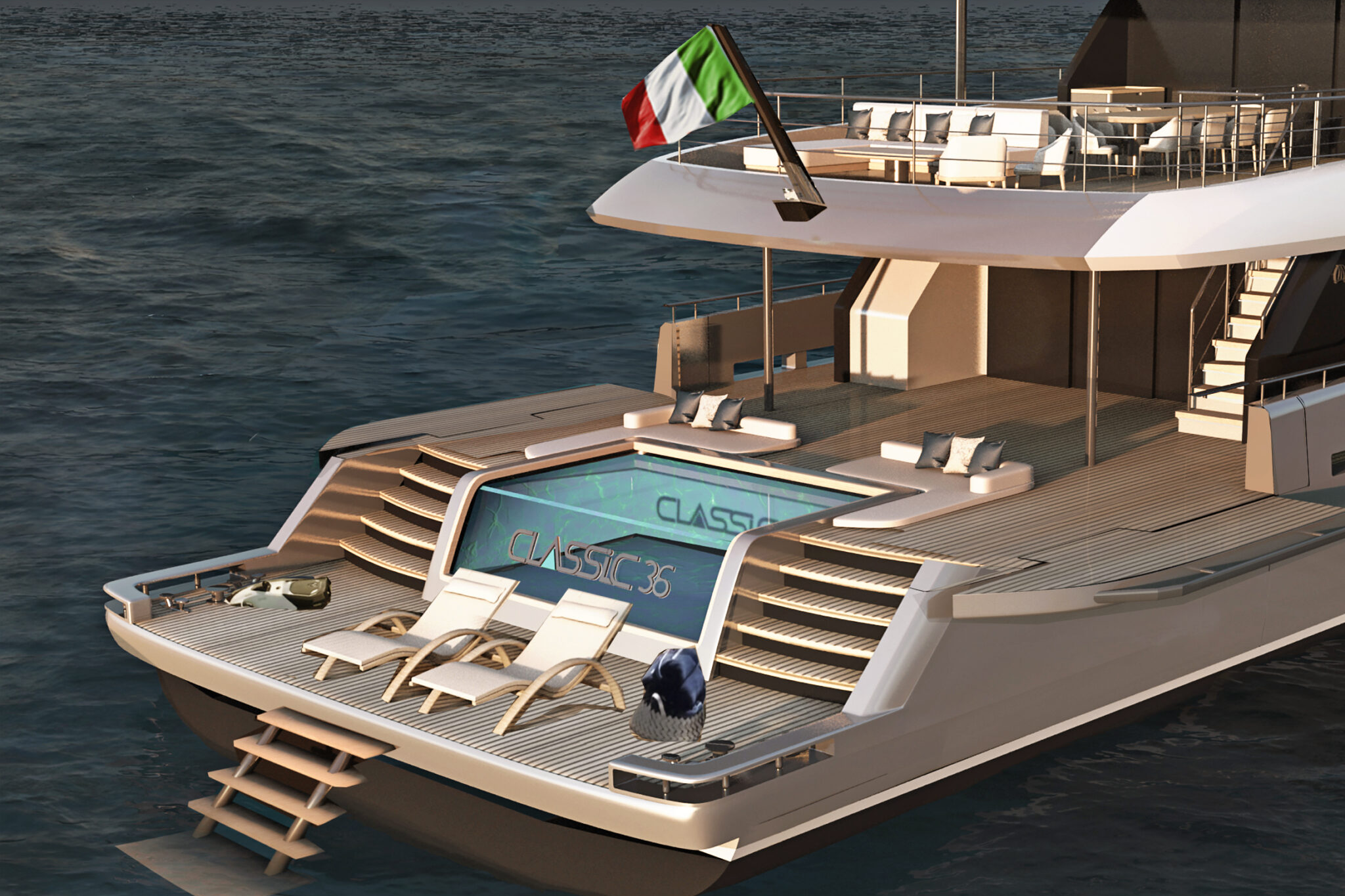 Aft deck of the New Atlante Classic 36 featuring a pool, lounge chairs, and multiple outdoor seating areas.