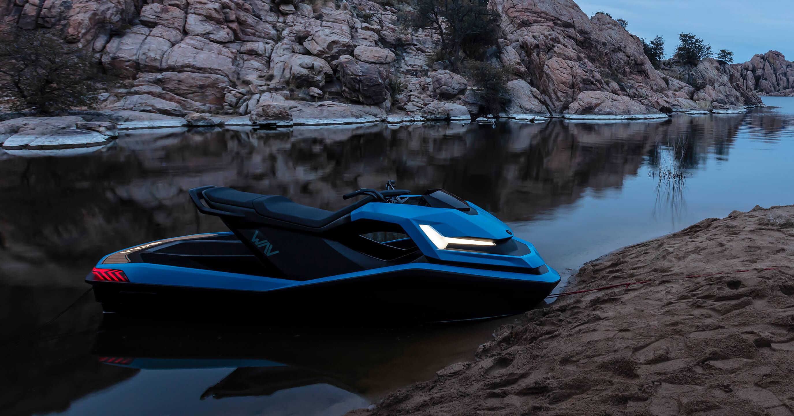 Side view of the Nikola Wav Electric Watercraft, one of the most expensive jet skis in the world, styled with superbike-inspired lines.