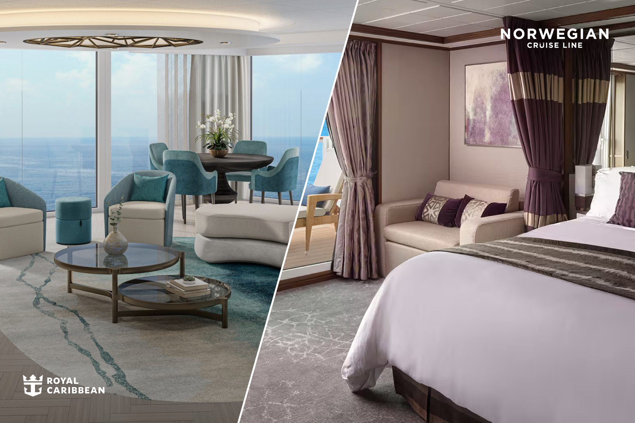Norwegian Cruise Line vs Royal Caribbean suite comparison showcasing Norwegian’s elegant stateroom with rich tones beside Royal Caribbean’s airy, oceanview suite with modern décor.