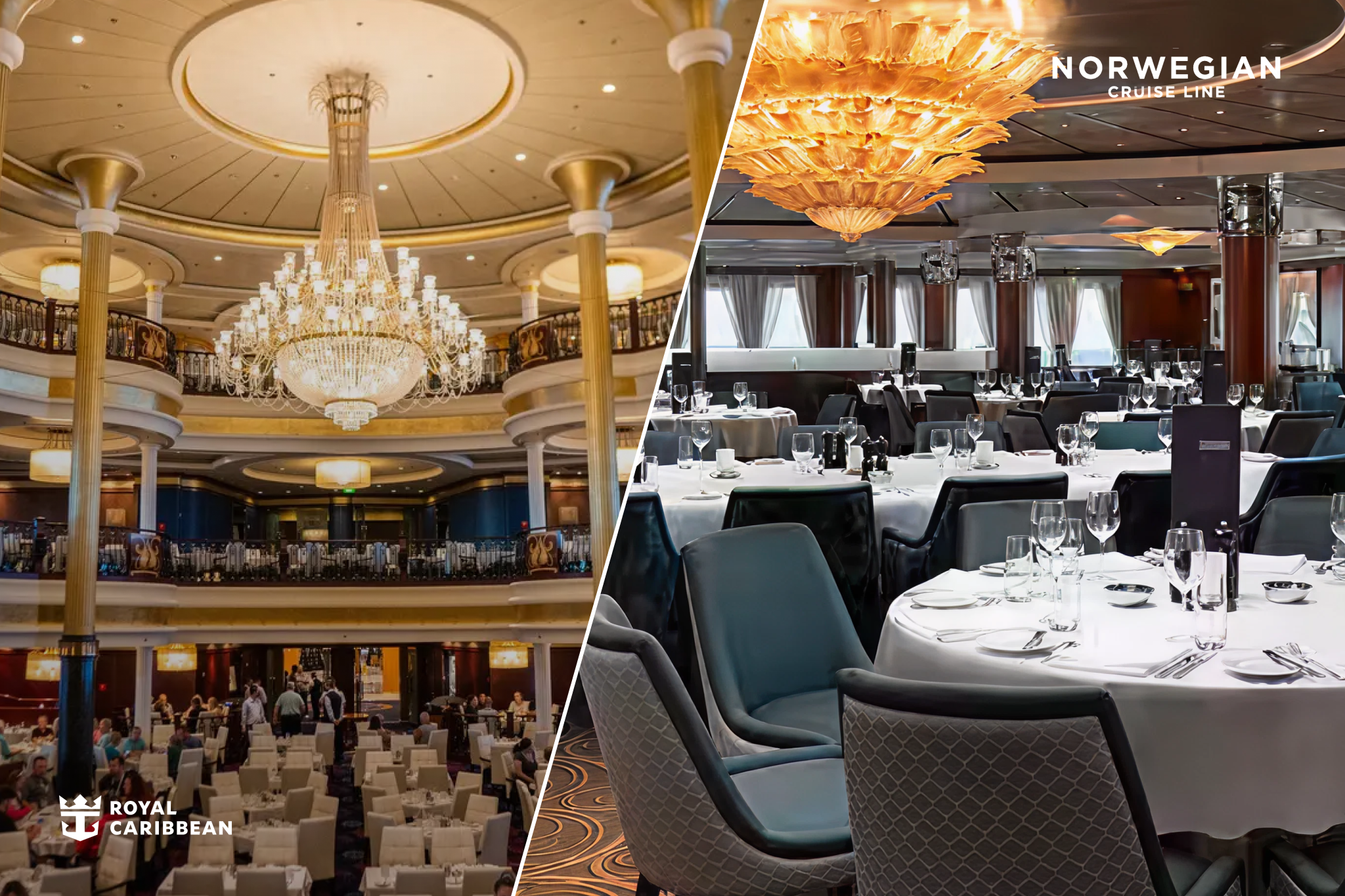 Norwegian Cruise Line vs Royal Caribbean dining rooms with Norwegian’s modern, moody fine dining setting contrasted against Royal Caribbean’s grand, chandelier-lit main dining hall.
