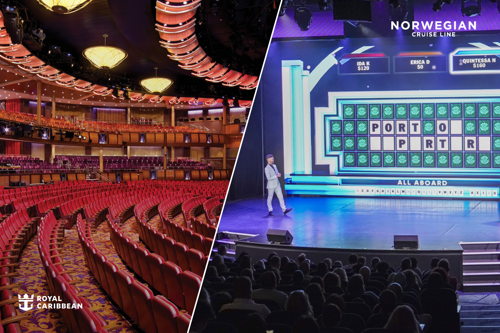 Norwegian Cruise Line vs Royal Caribbean entertainment experiences, comparing Norwegian’s interactive game show stage with Royal Caribbean’s lavish, multi-tiered theater.
