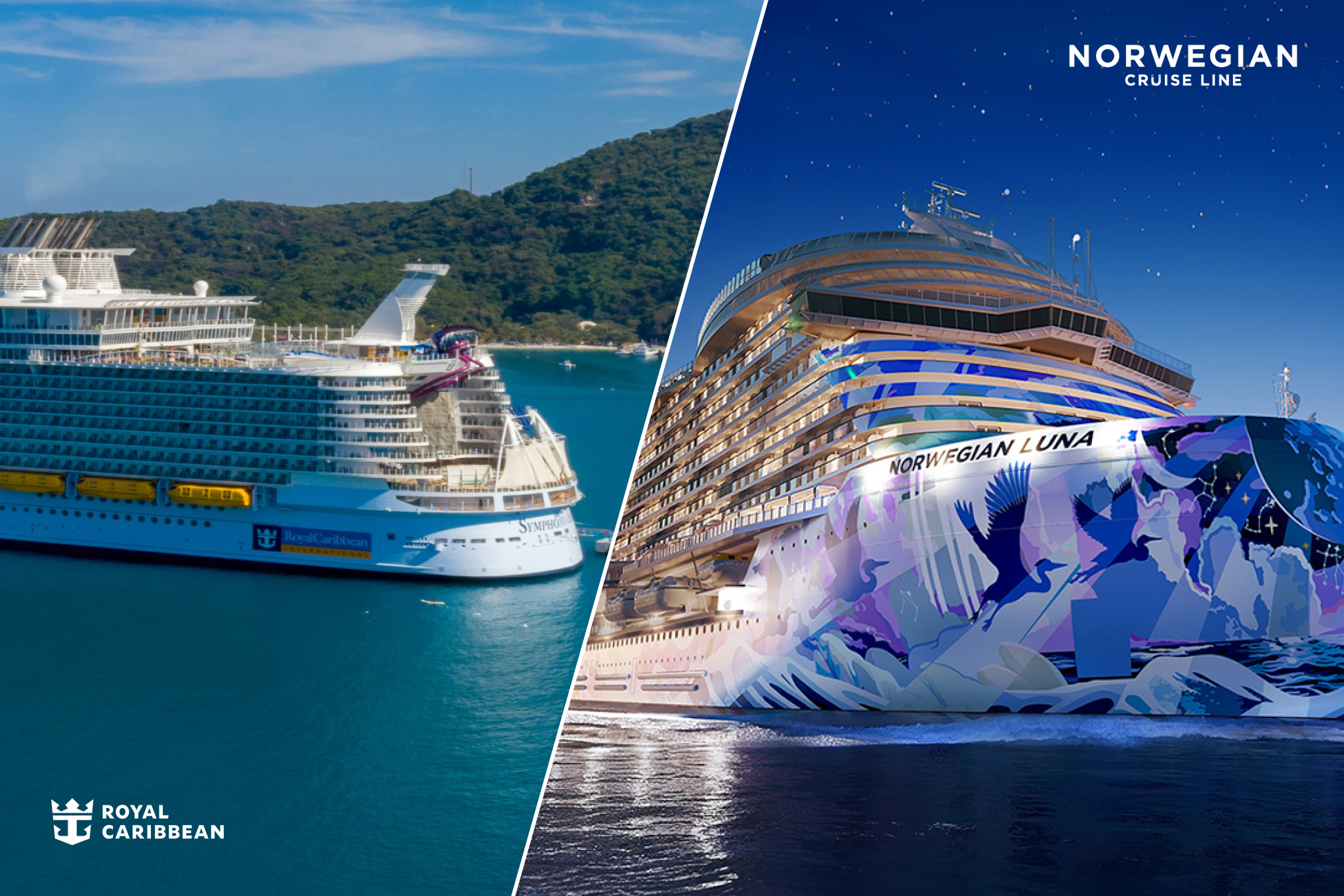 Norwegian Cruise Line vs Royal Caribbean cruise ship exteriors featuring Norwegian’s vibrant, art-covered Norwegian Luna and Royal Caribbean’s expansive Symphony of the Seas at sea.