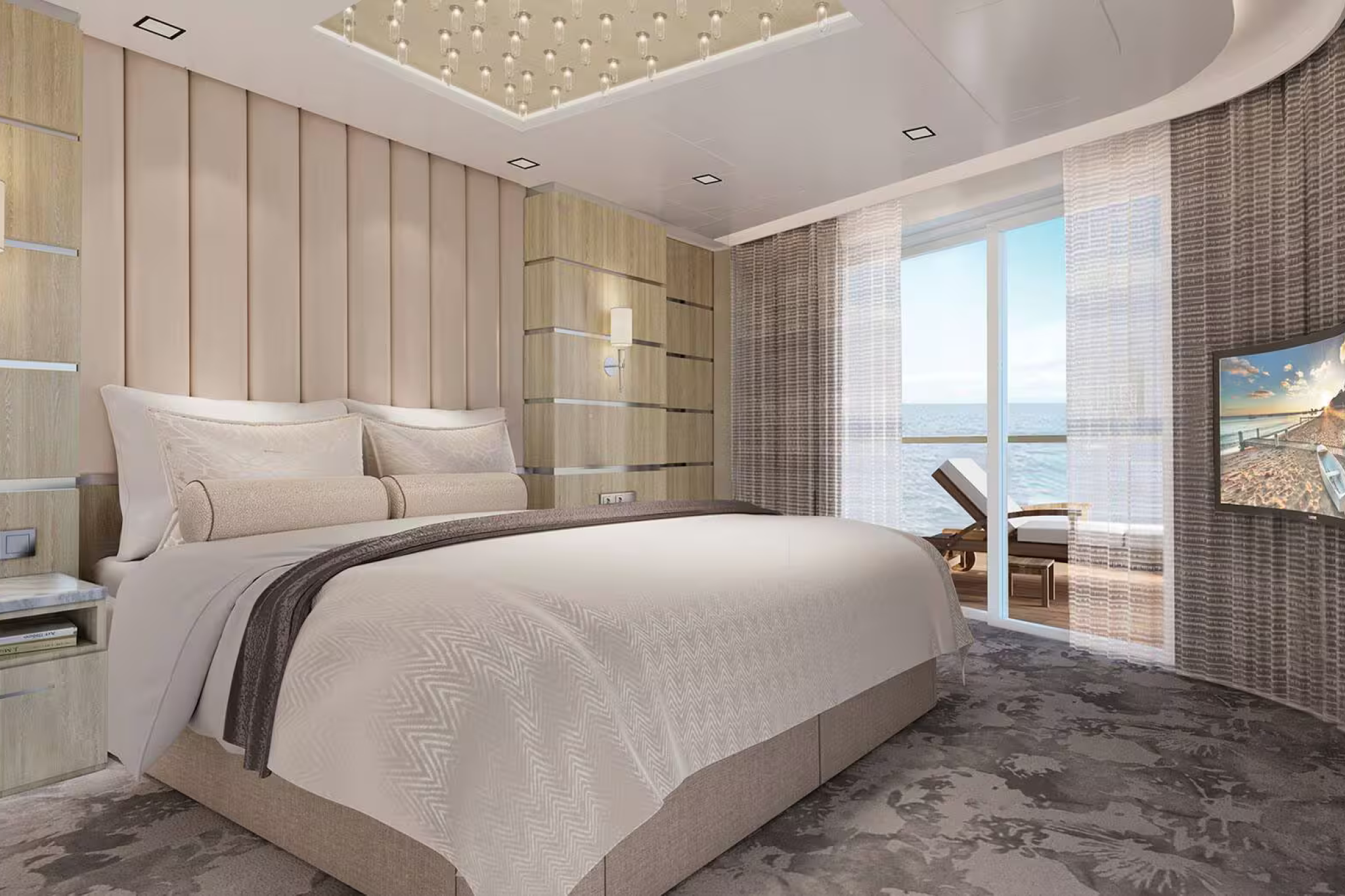 Luxury suite aboard Norwegian Encore featuring a king-size bed, balcony with ocean views, and upscale interior decor.