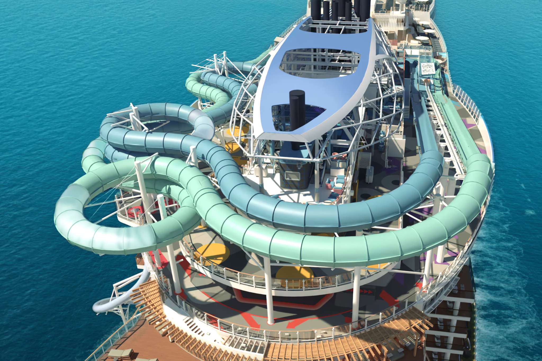 Norwegian Luna Aqua Slidecoaster and multi-level water attractions viewed from above, highlighting onboard thrills and entertainment
