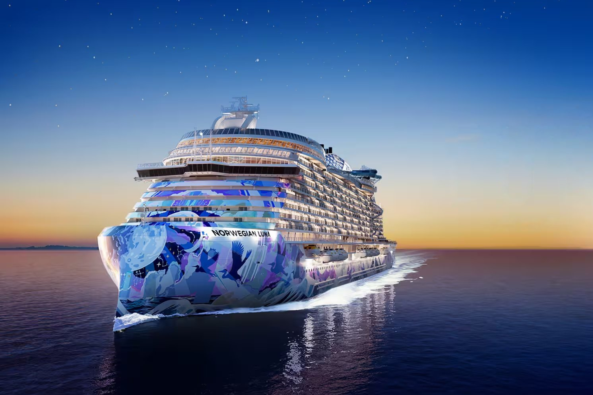 Norwegian Luna cruise ship exterior showcasing Prima Plus–class design, illuminated hull art, and expanded outdoor decks at sea