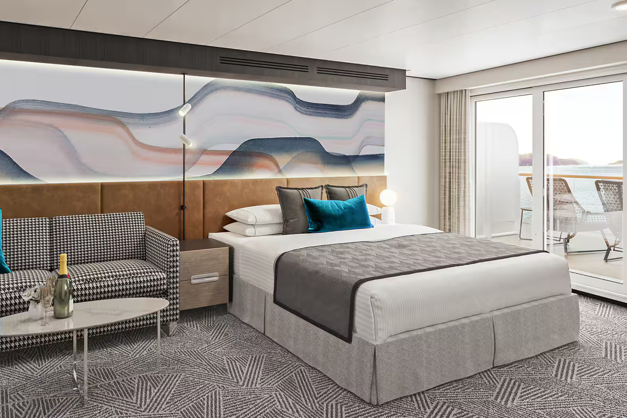 Modern balcony stateroom onboard Norwegian Luna with contemporary design, ocean views, and private outdoor seating