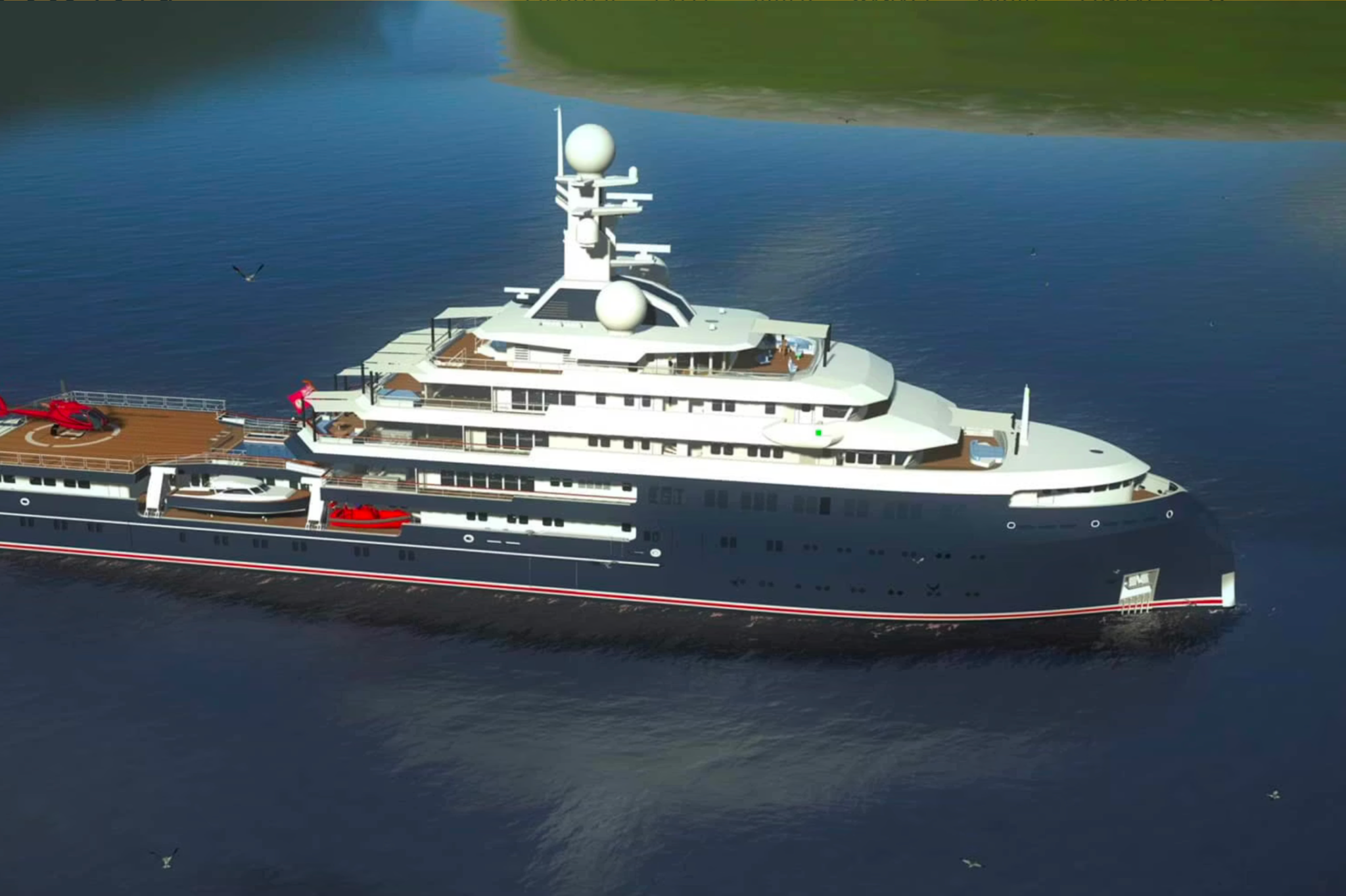 Computer-rendered profile of Project Shackleton superyacht at sea, illustrating its long-range expedition layout, helipad deck, tenders on the aft deck, and robust hull designed for extended cruising.