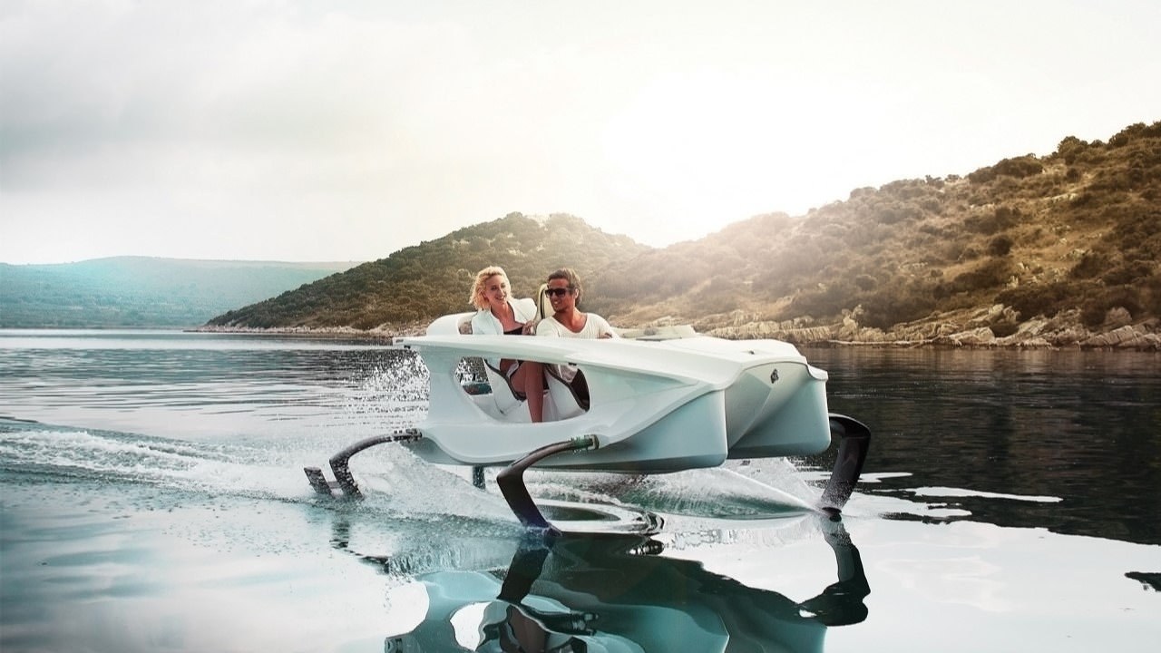 Action shot of the Quadrofoil Q2S Electric Limited Edition, a futuristic hydrofoil and one of the most expensive jet skis in the world.