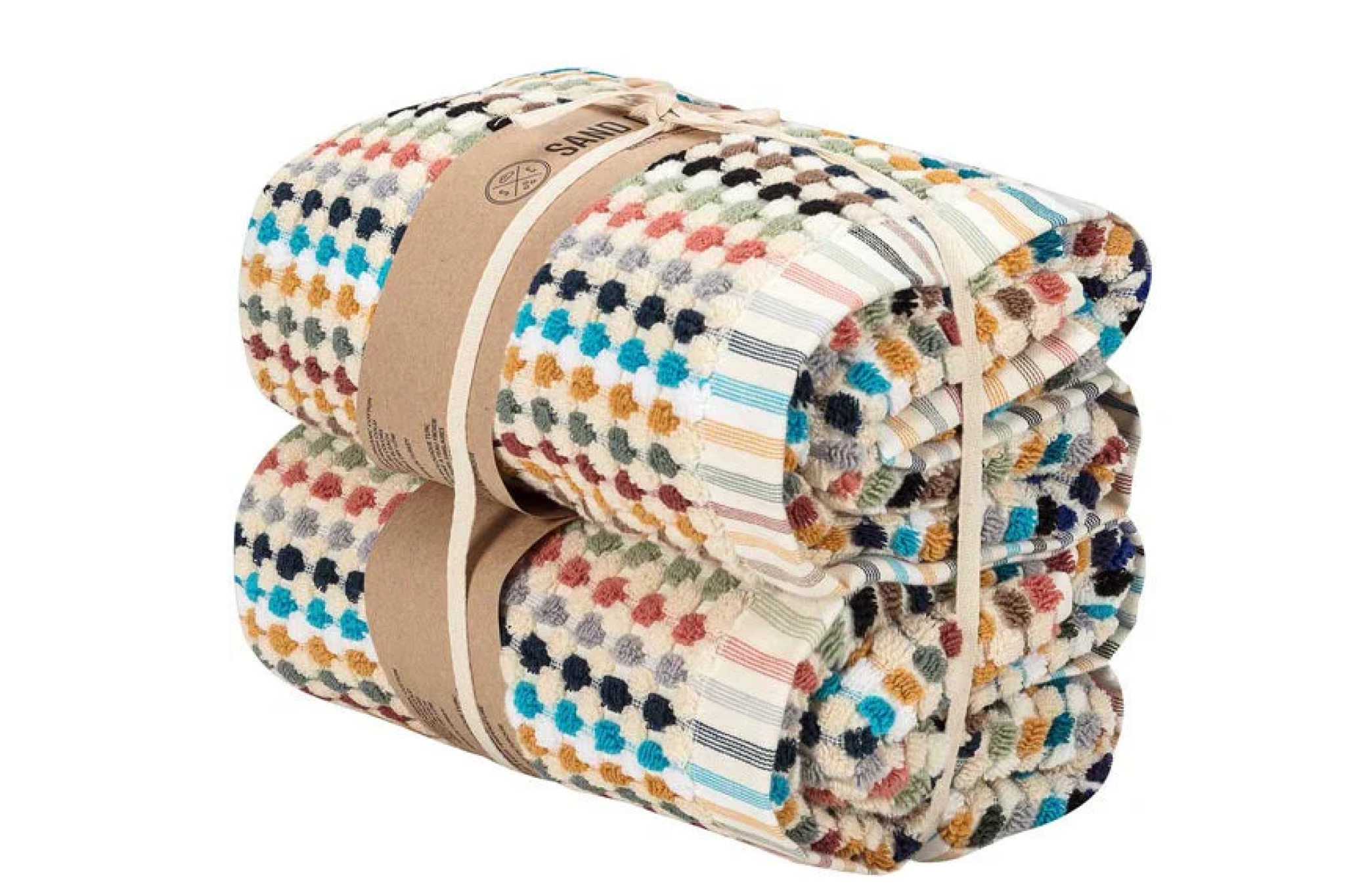 Rolled Sand Cloud Hilo towels with colorful woven dots and eco-friendly packaging, highlighting sand-resistant design among the Best Quick-Dry Towels for the Beach.