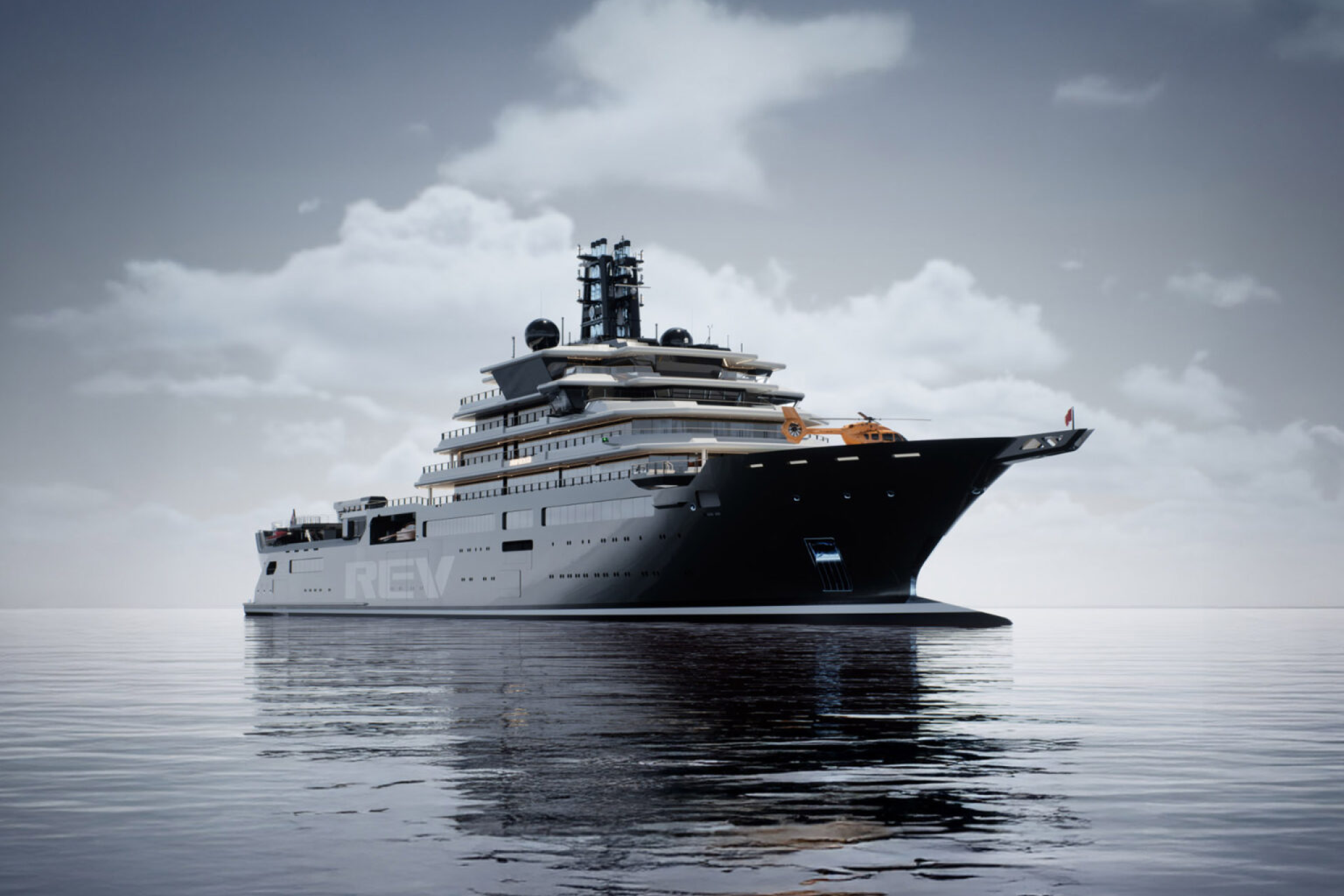 REV Ocean superyacht underway at sea, showcasing its imposing black polar-class hull, multi-deck expedition profile, and research-focused design by VARD and Espen Øino, viewed from the bow in calm Nordic waters.