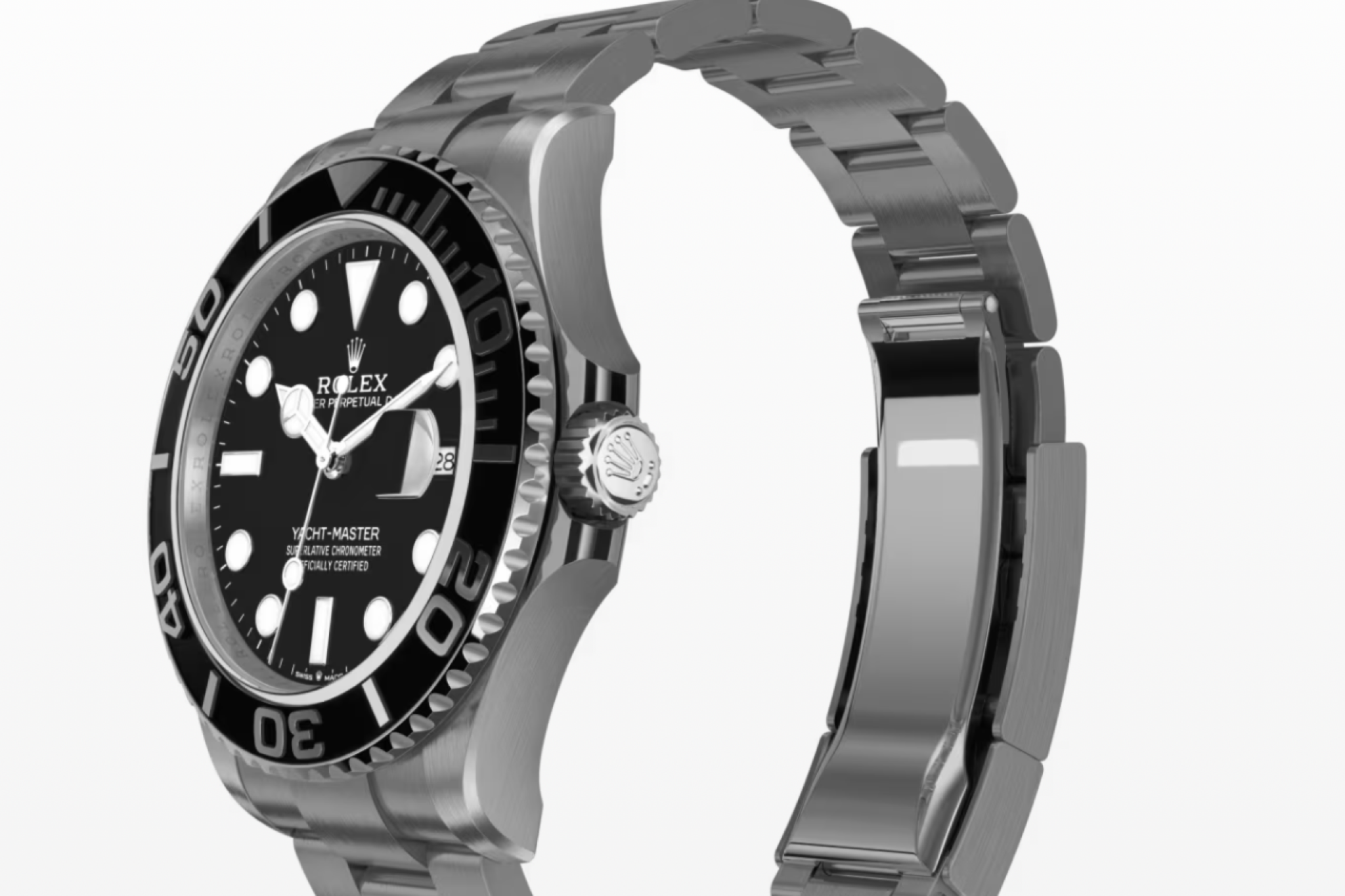 Angled close-up of the Rolex Yacht‑Master 42 in RLX Titanium focusing on the bezel detail, lugs, and clasp mechanism.