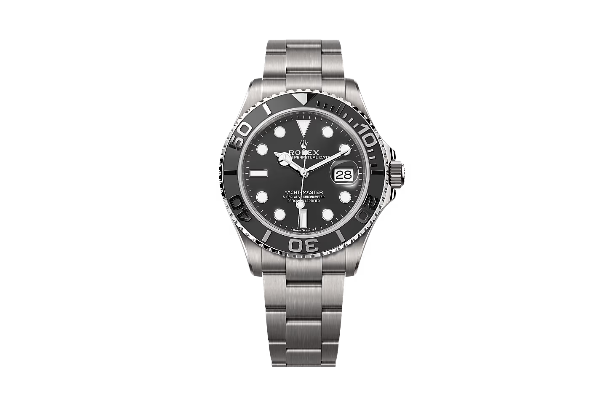Front-facing view of the Rolex Yacht‑Master 42 in RLX Titanium highlighting the matte black dial, Cerachrom bezel, and full titanium construction.