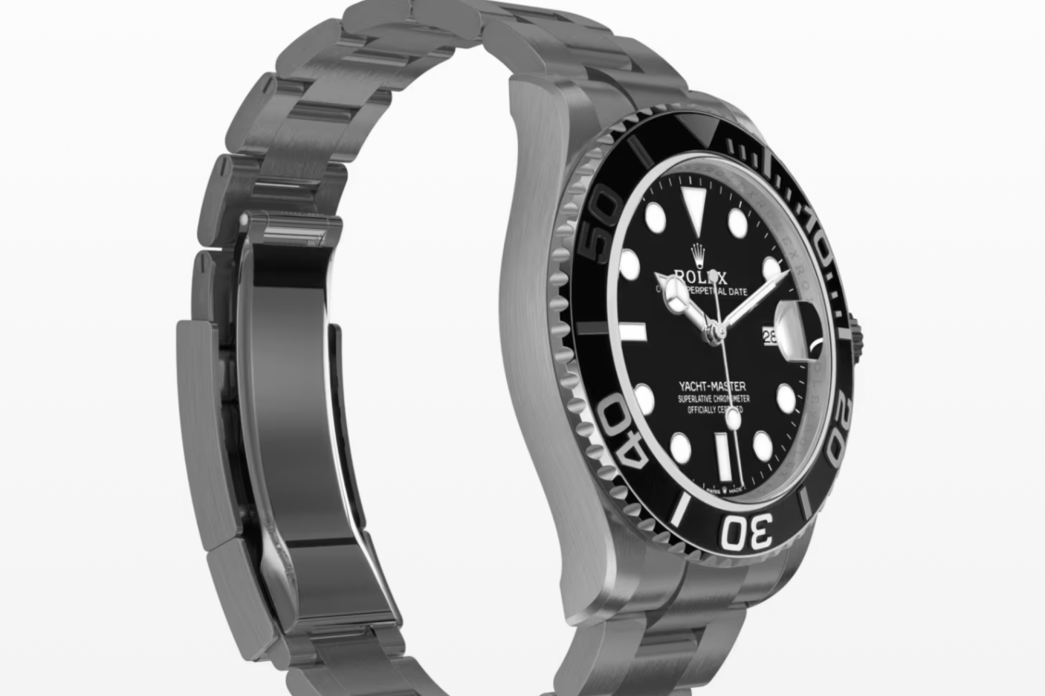 Side view of the Rolex Yacht‑Master 42 in RLX Titanium showcasing the case profile, crown, and brushed titanium Oyster bracelet.
