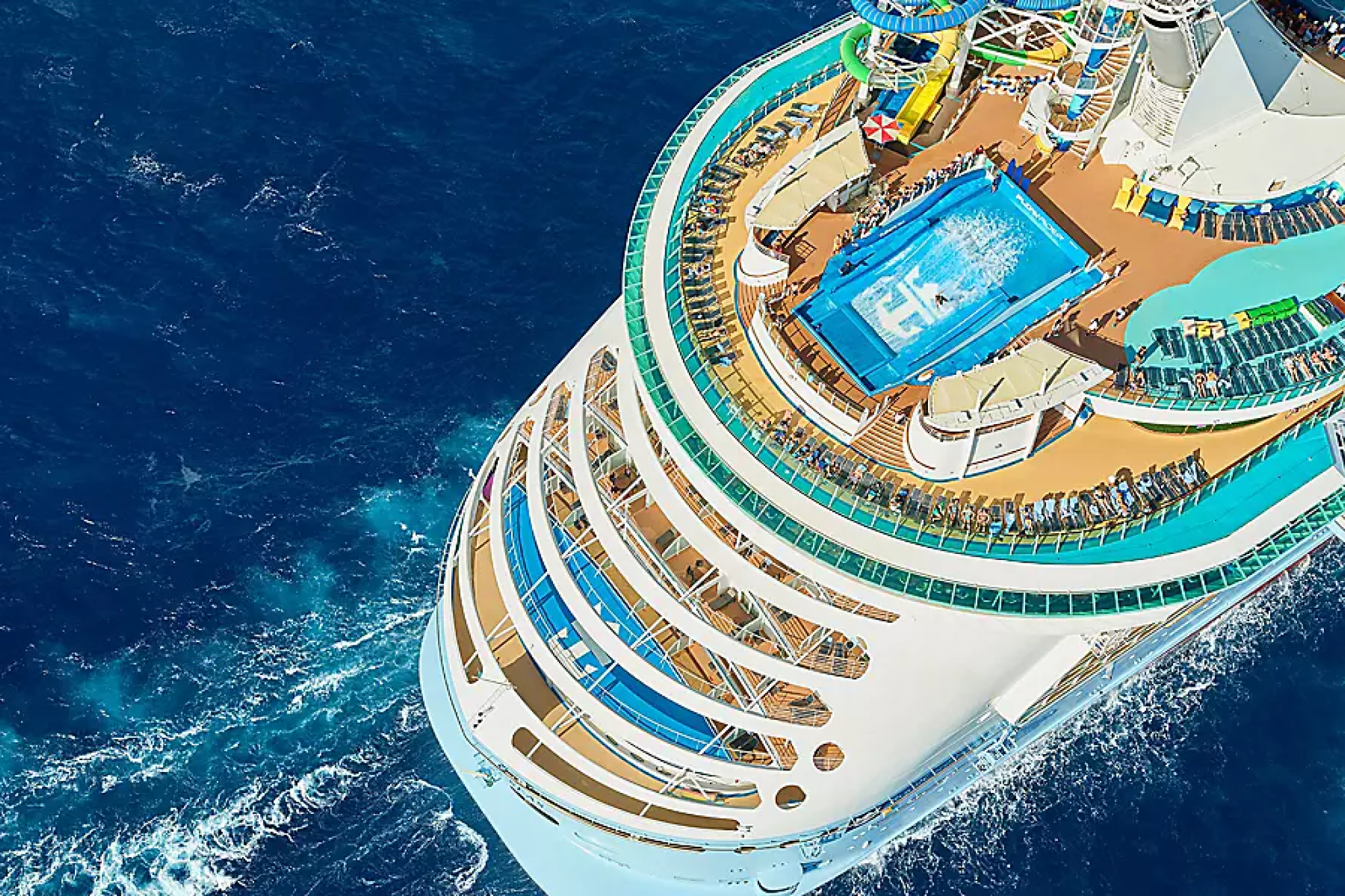 Royal Caribbean Ships by Size comparison image showing Freedom of the Seas from above, highlighting the Freedom Class pool deck, waterslides, and central activity areas