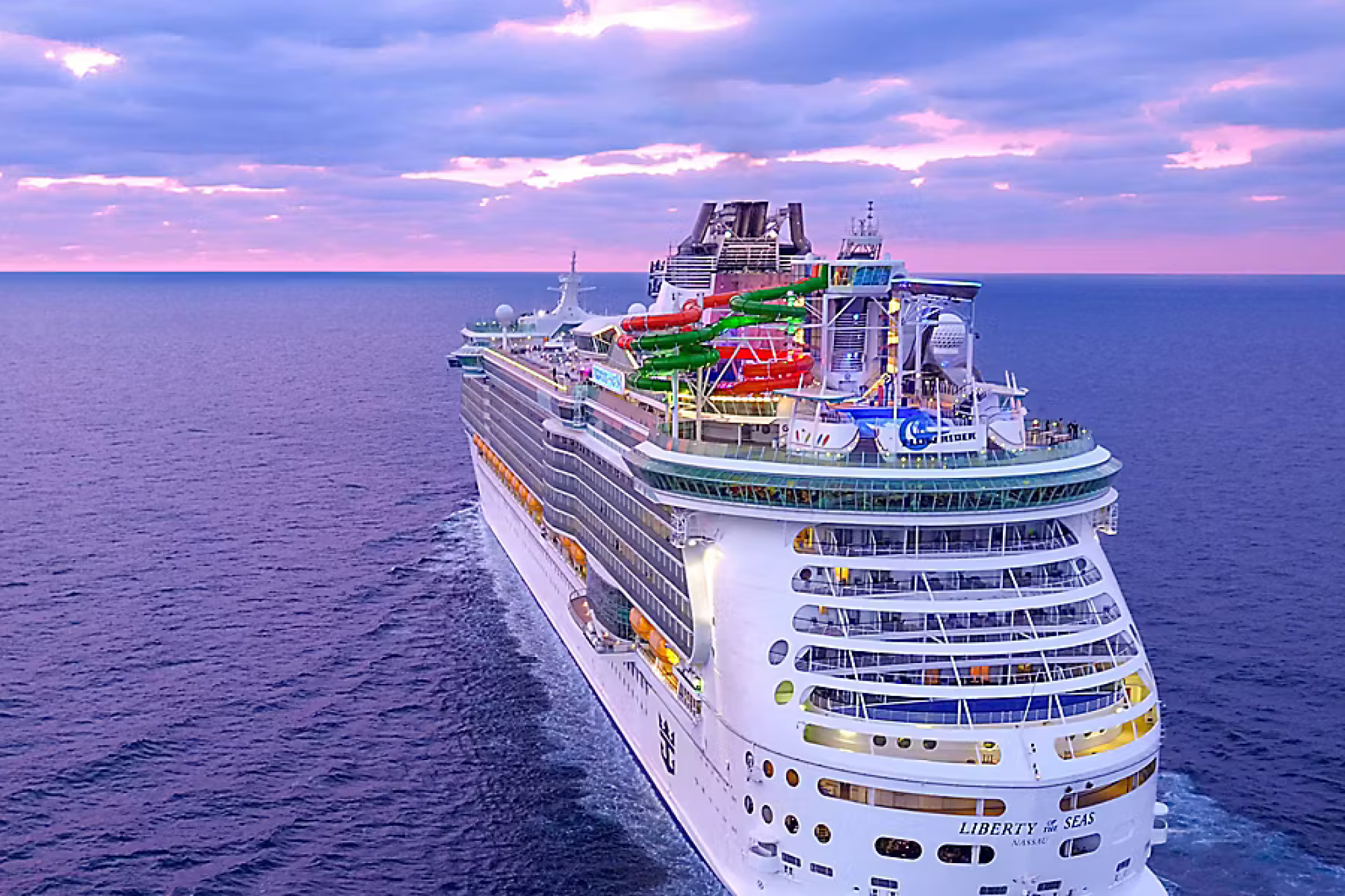 Royal Caribbean Ships by Size visual of Liberty of the Seas at sea, highlighting its Freedom Class layout, waterslides, and upper-deck entertainment zones