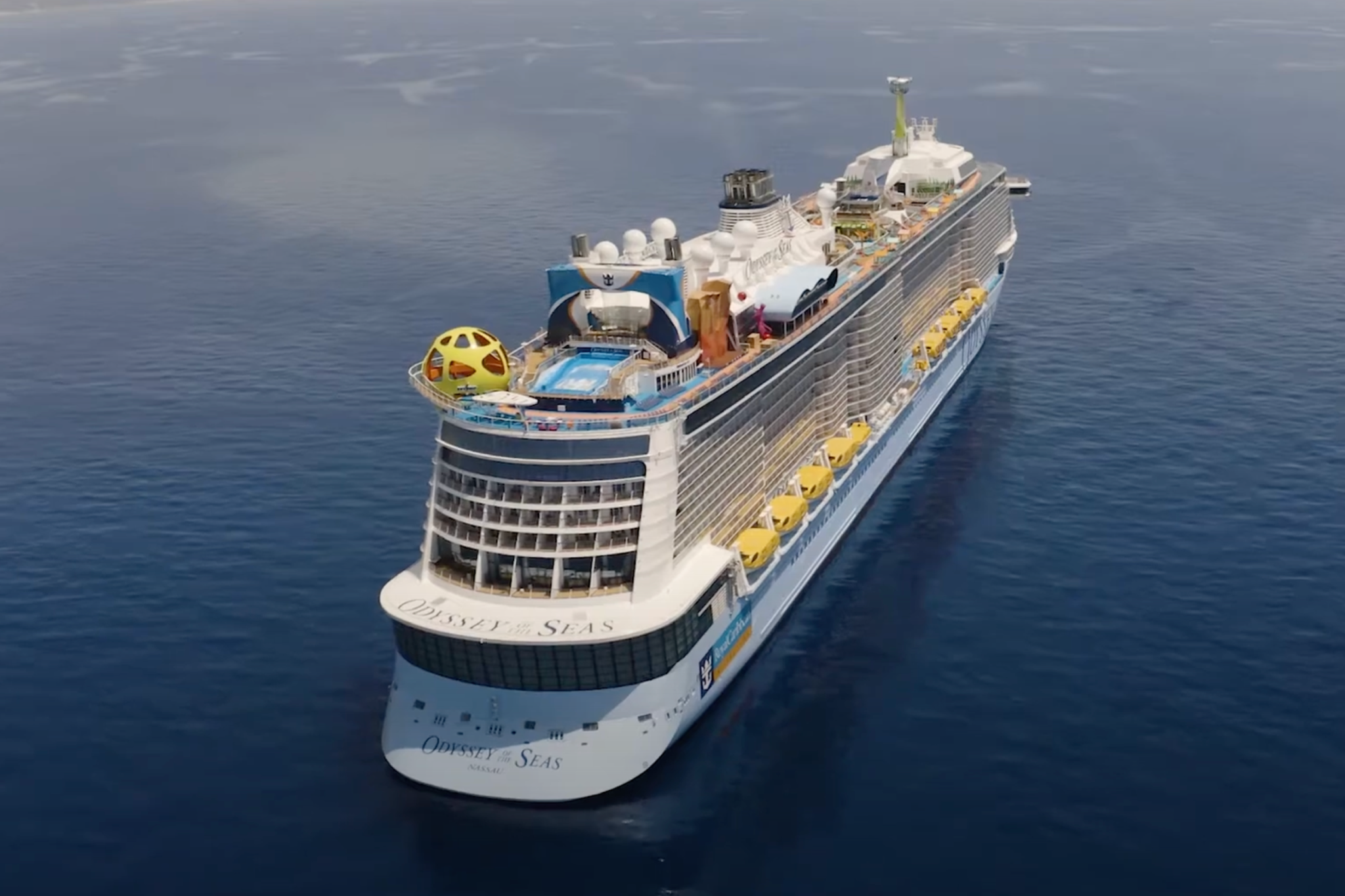 Royal Caribbean Ships by Size perspective of Odyssey of the Seas from the stern, showcasing its Quantum Ultra Class features and open-air upper decks