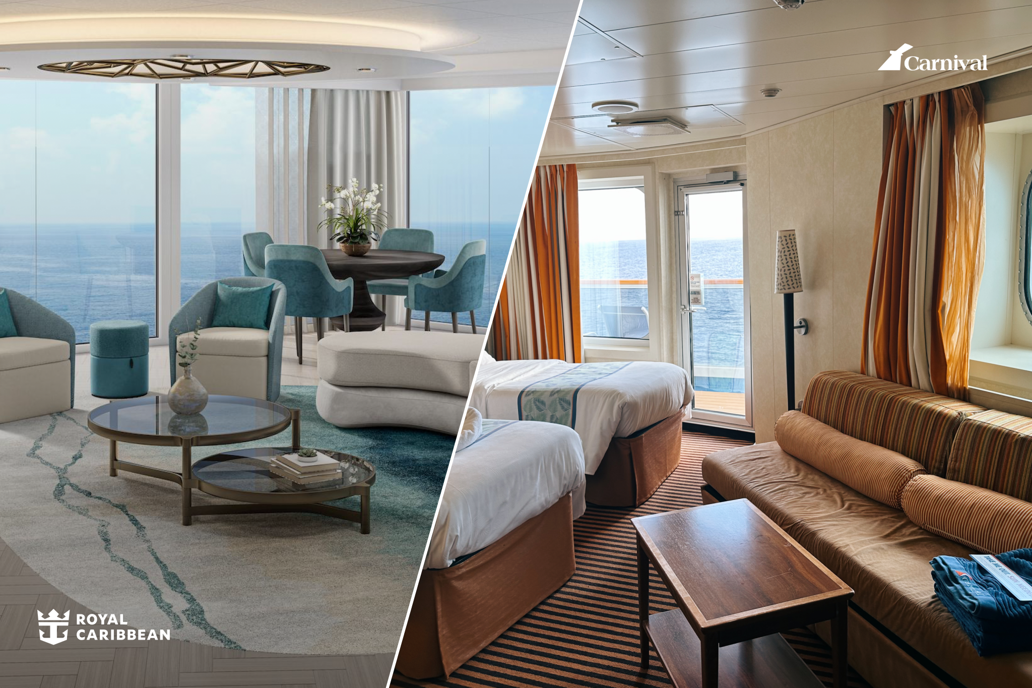Royal Caribbean vs Carnival Cruises suite comparison showing Royal’s modern, upscale suite with ocean views alongside Carnival’s cozy, value-focused cabin.