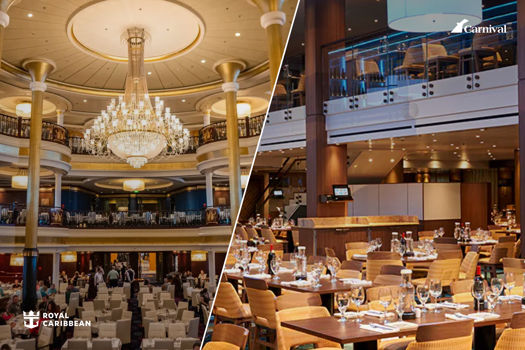 Royal Caribbean vs Carnival Cruises main dining rooms, featuring Royal’s grand chandelier-lit space and Carnival’s casual, modern restaurant setting.