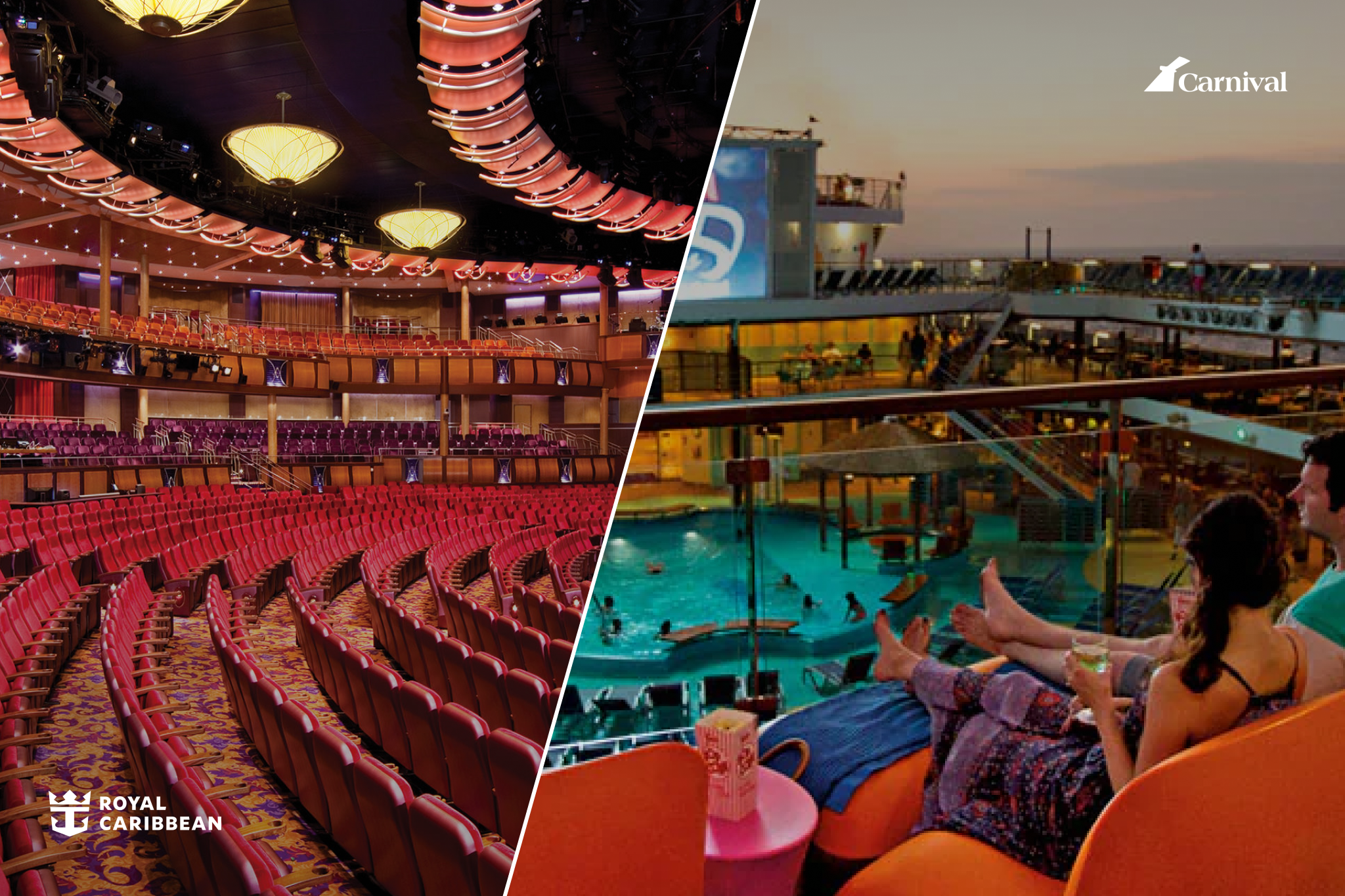 Royal Caribbean vs Carnival Cruises entertainment venues with Royal’s Broadway-style theater and Carnival’s outdoor movie screen over the pool deck.
