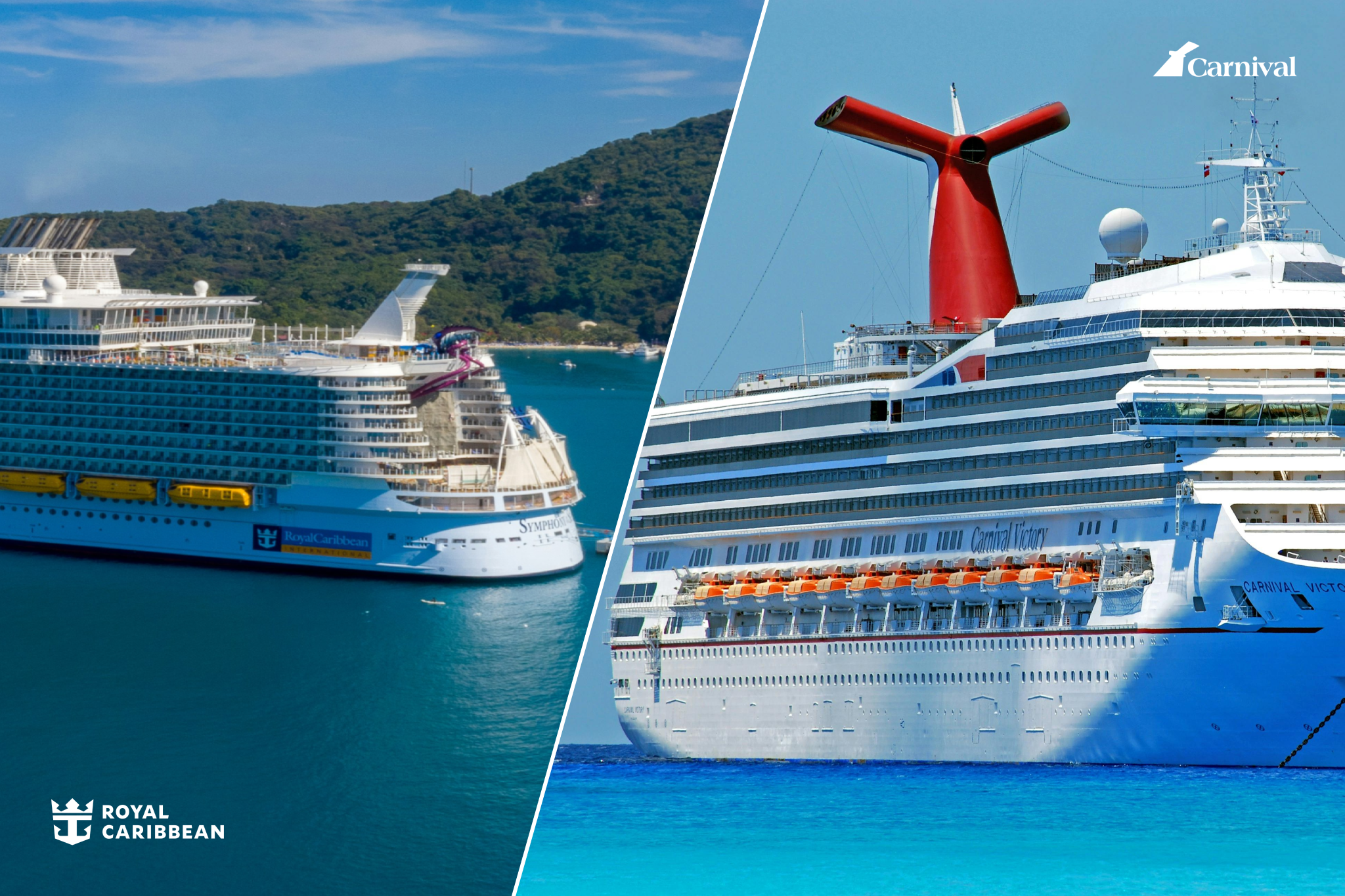 Royal Caribbean vs Carnival Cruises ship exterior showing Royal’s large, feature-packed Symphony of the Seas next to Carnival’s classic Carnival Victory.