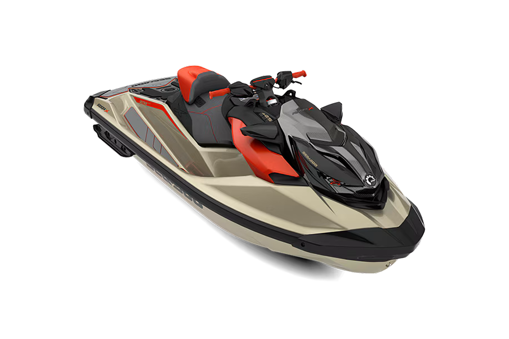 High-angle studio shot of the Sea-Doo RXP-X 325 displaying its full body, sharp lines, and red racing seat, with visible branding and detailing