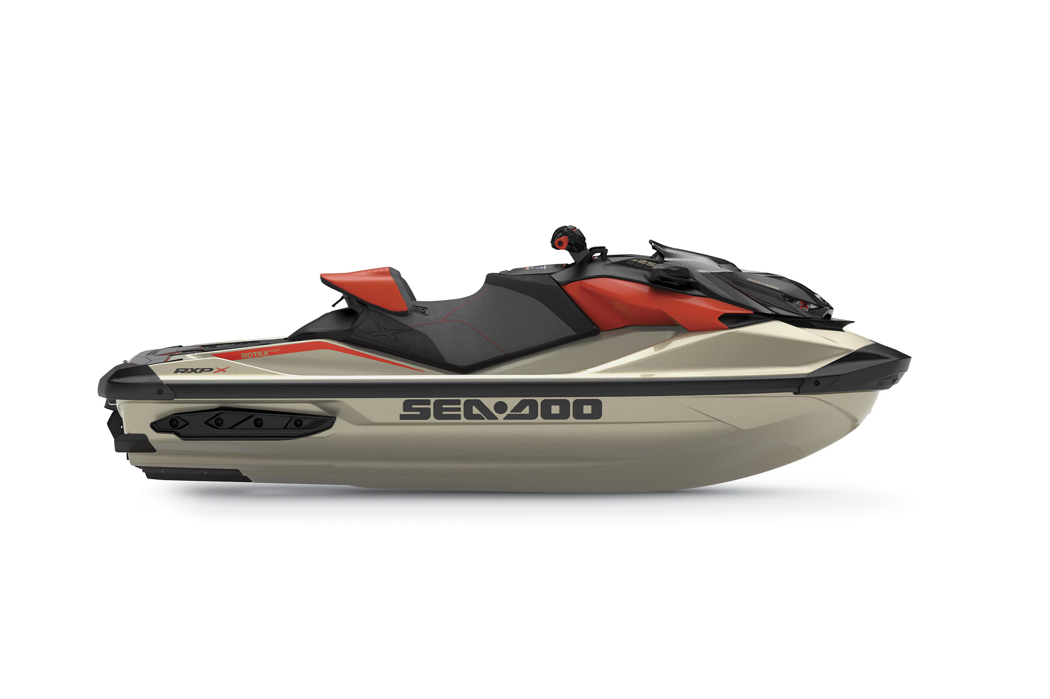 Side profile of the Sea-Doo RXP-X 325 showing its compact length, deep-V hull, and performance-focused seating for two riders
