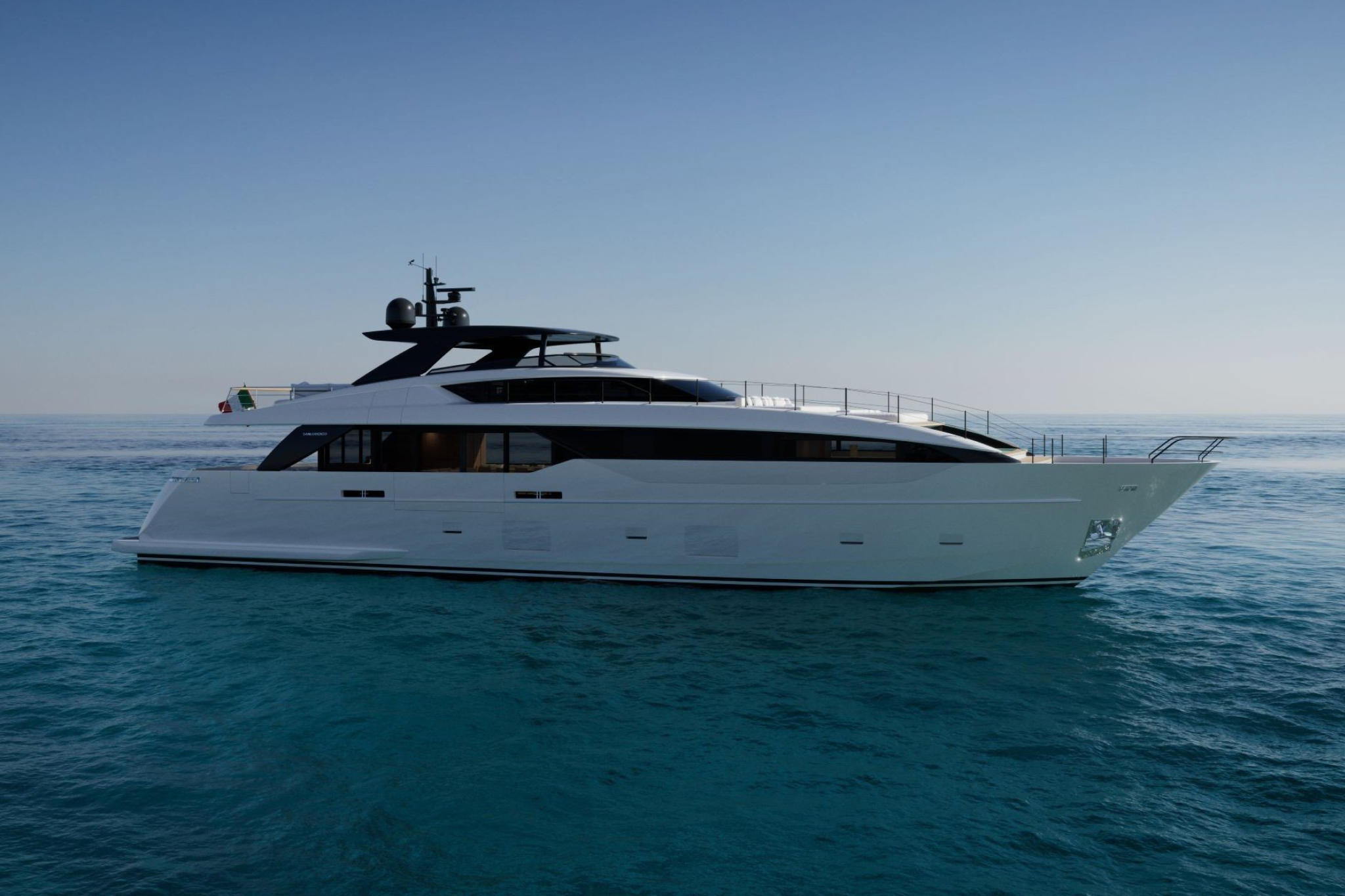 Sanlorenzo SL110A cruising on open water, showcasing its modern exterior lines and large flybridge.