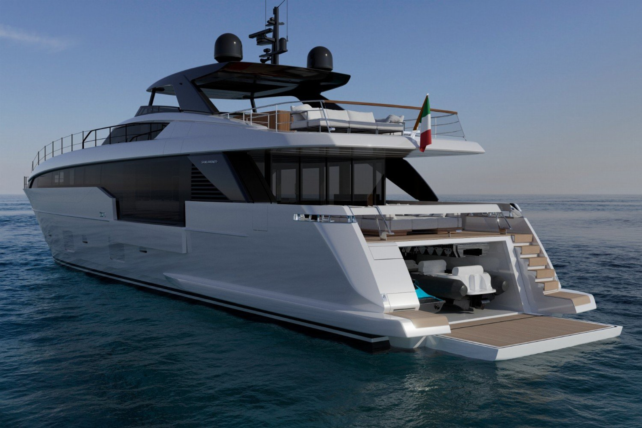 Aft deck of the Sanlorenzo SL110A with beach club, fold-down platform, and tender garage access.