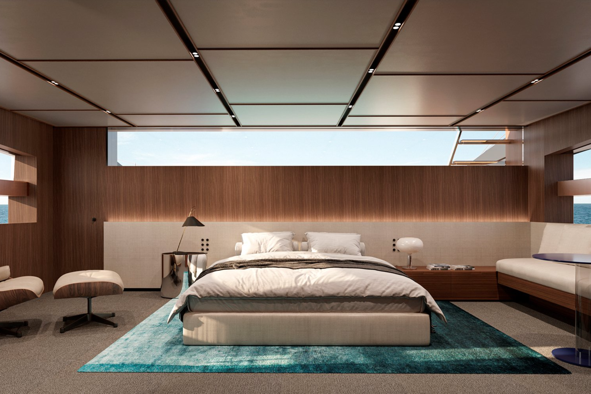 Master suite on the Sanlorenzo SL110A with full-beam design, wood finishes, and panoramic window views.