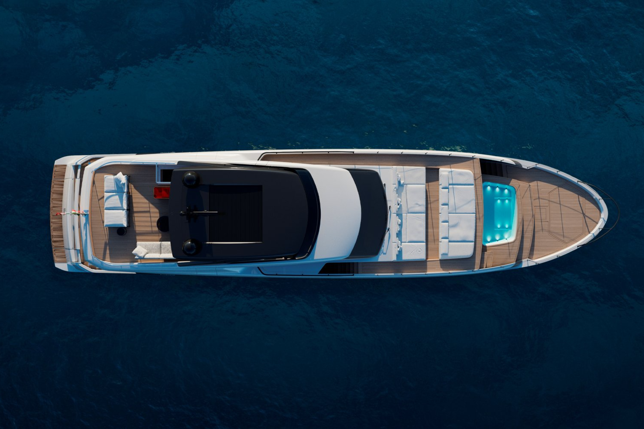 Top view of the Sanlorenzo SL110A showing outdoor lounges, sun deck, and foredeck pool layout.