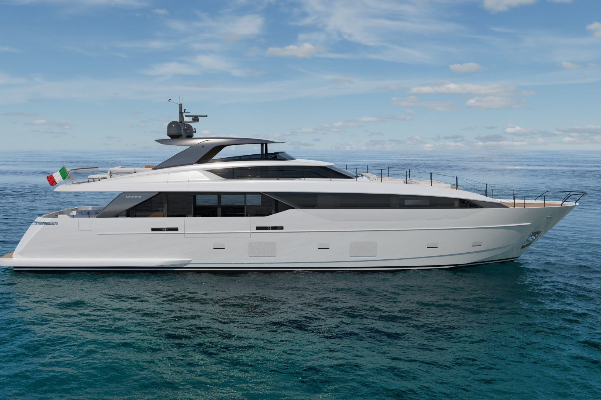 Side profile of the Sanlorenzo SL110A yacht at sea, highlighting its sleek asymmetric design and expansive windows.