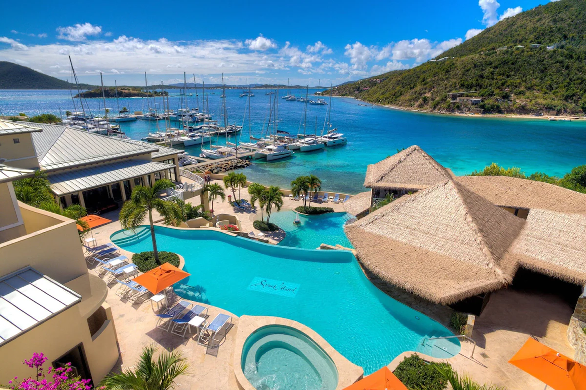 Panoramic view of the marina and pool complex at Scrub Island Resort Spa & Marina, with yachts docked in the harbor and clear blue waters.