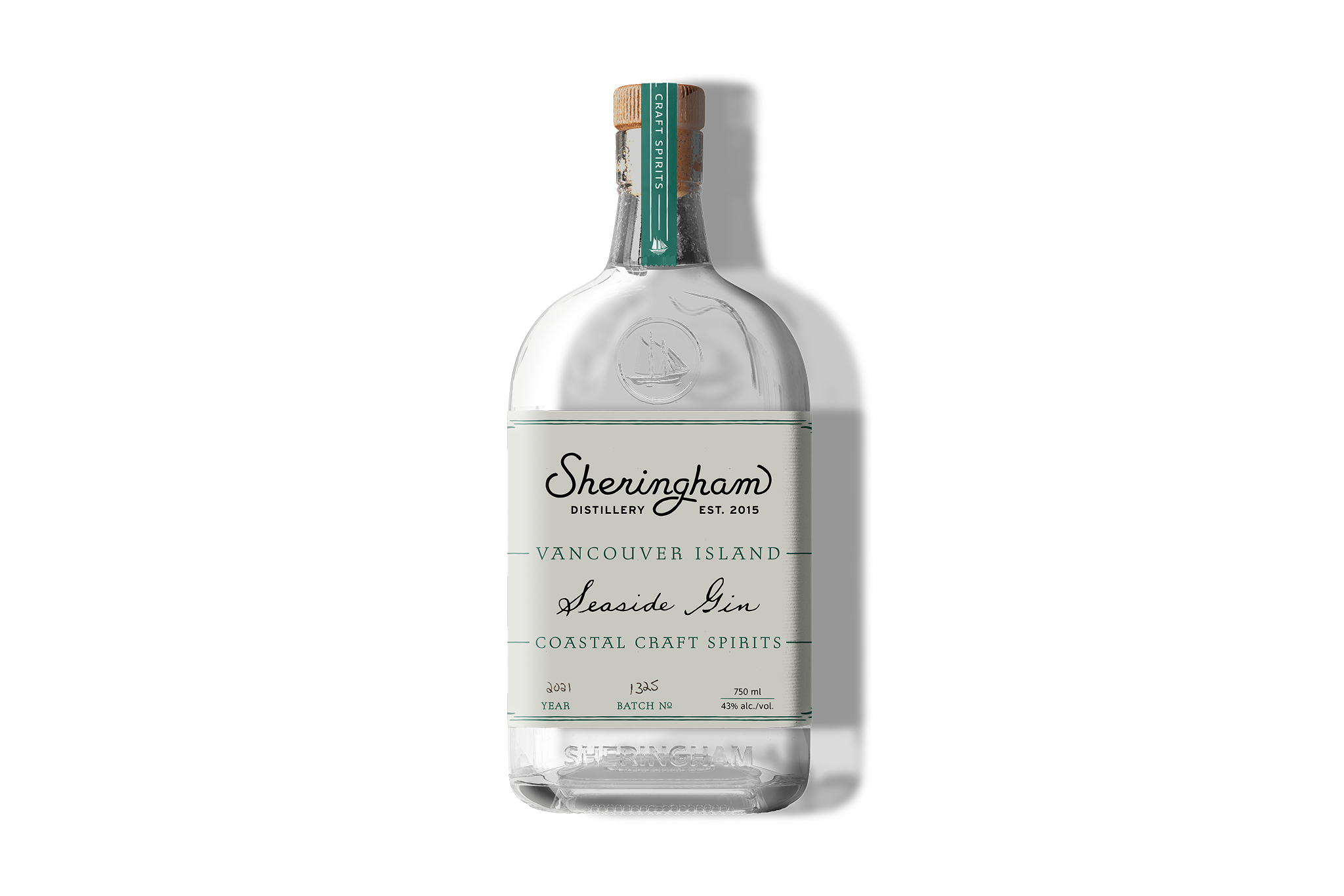 Sheringham Seaside Gin bottle showing clean, minimalist design with coastal branding and label from Vancouver Island craft distillery.