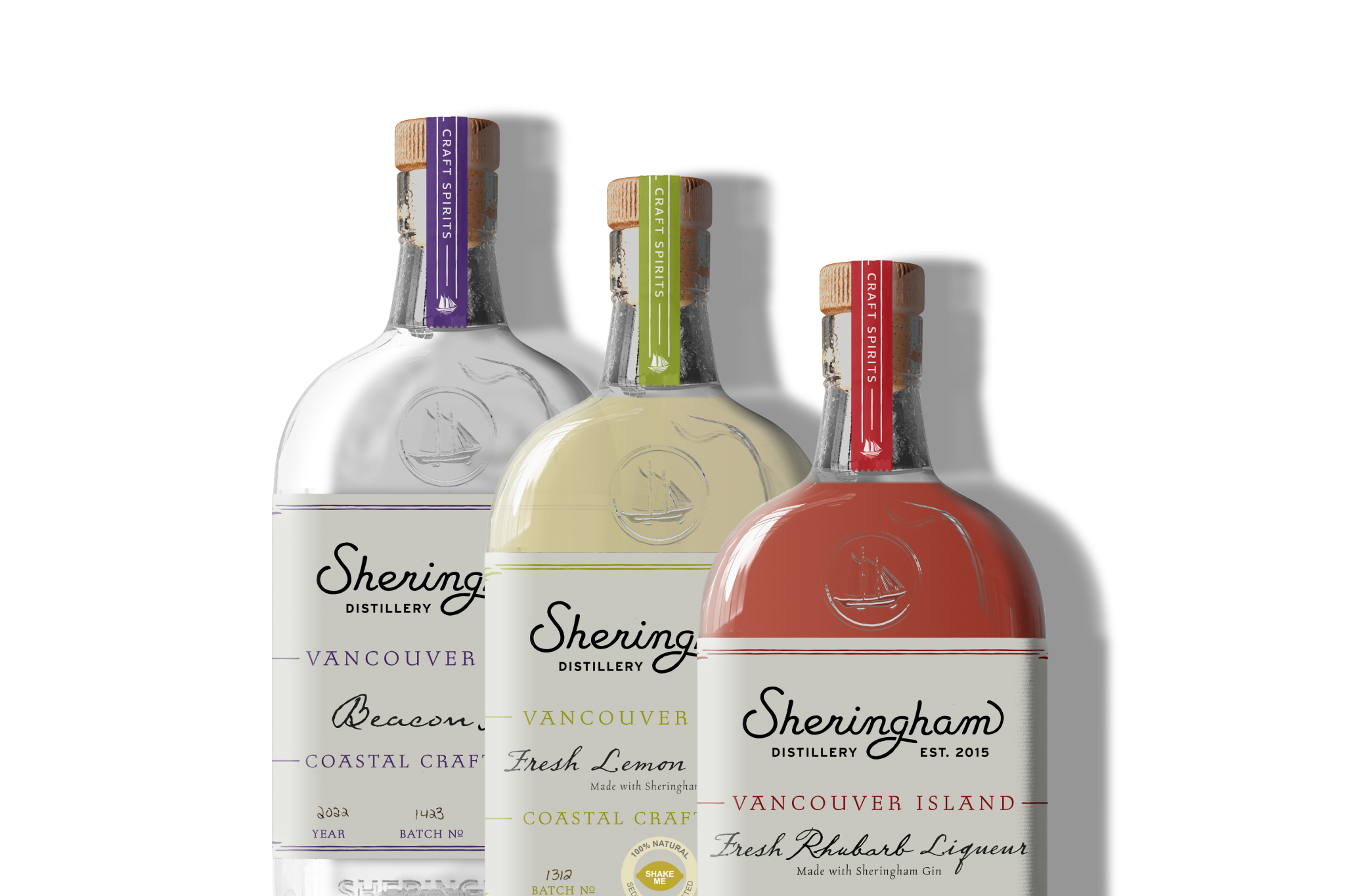Lineup of Sheringham Seaside Gin and flavored spirits, including Beacon Gin, Fresh Lemon, and Fresh Rhubarb Liqueur, from Vancouver Island.
