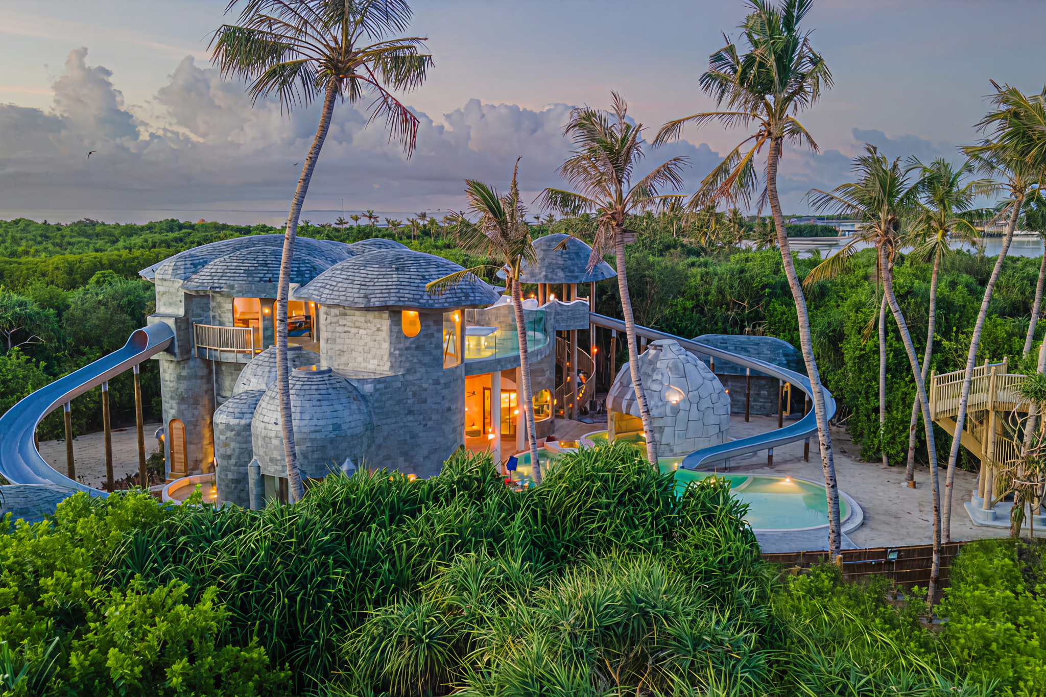 Unique architectural play space with curved rooftops and slides, nestled in tropical greenery at sunset—Soneva Jani's children’s area.