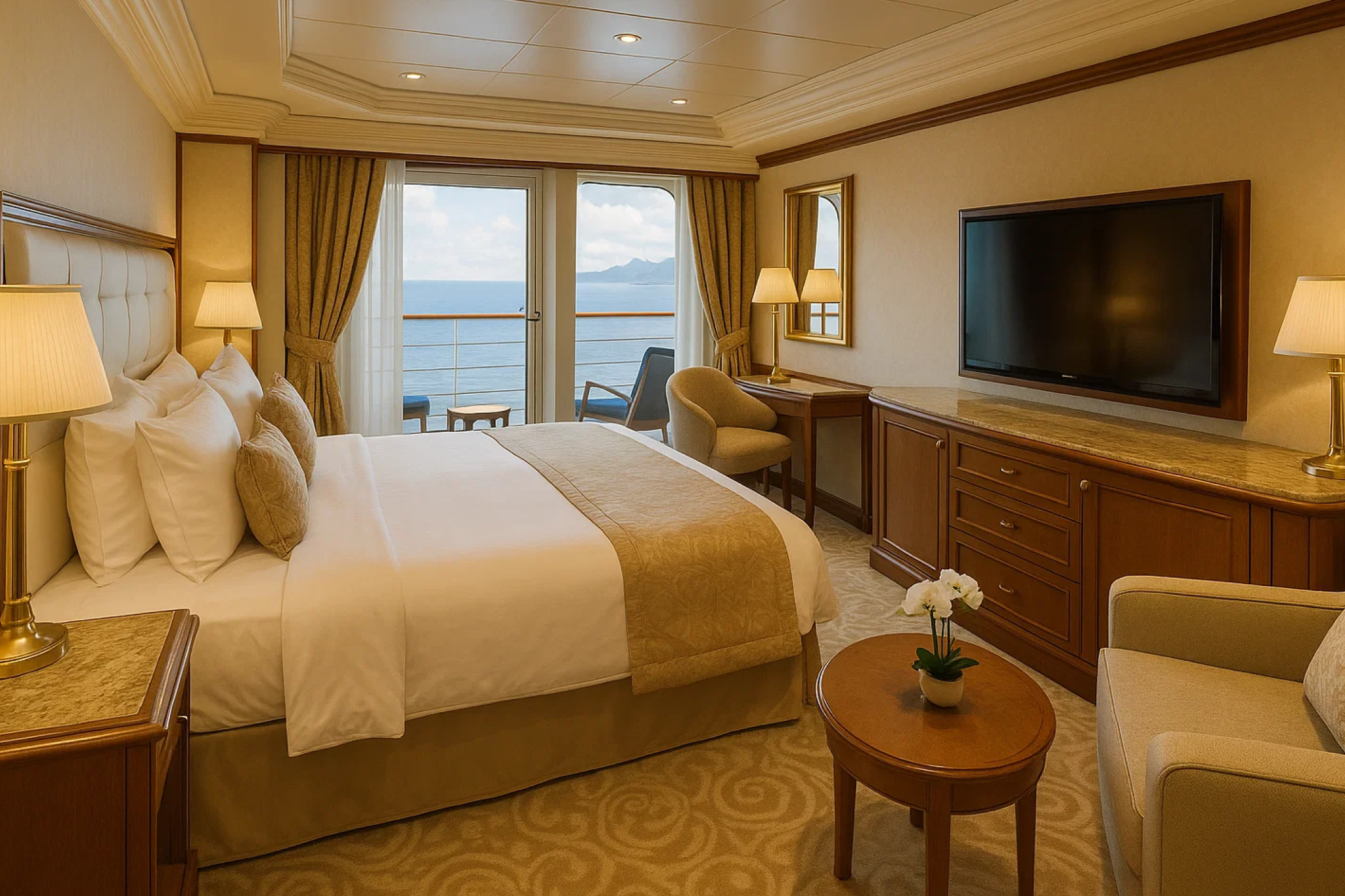 Starboard vs Port Side visual of a cruise ship balcony cabin interior, showing identical layout, furnishings, and comfort regardless of whether the cabin is on the left or right side of the ship