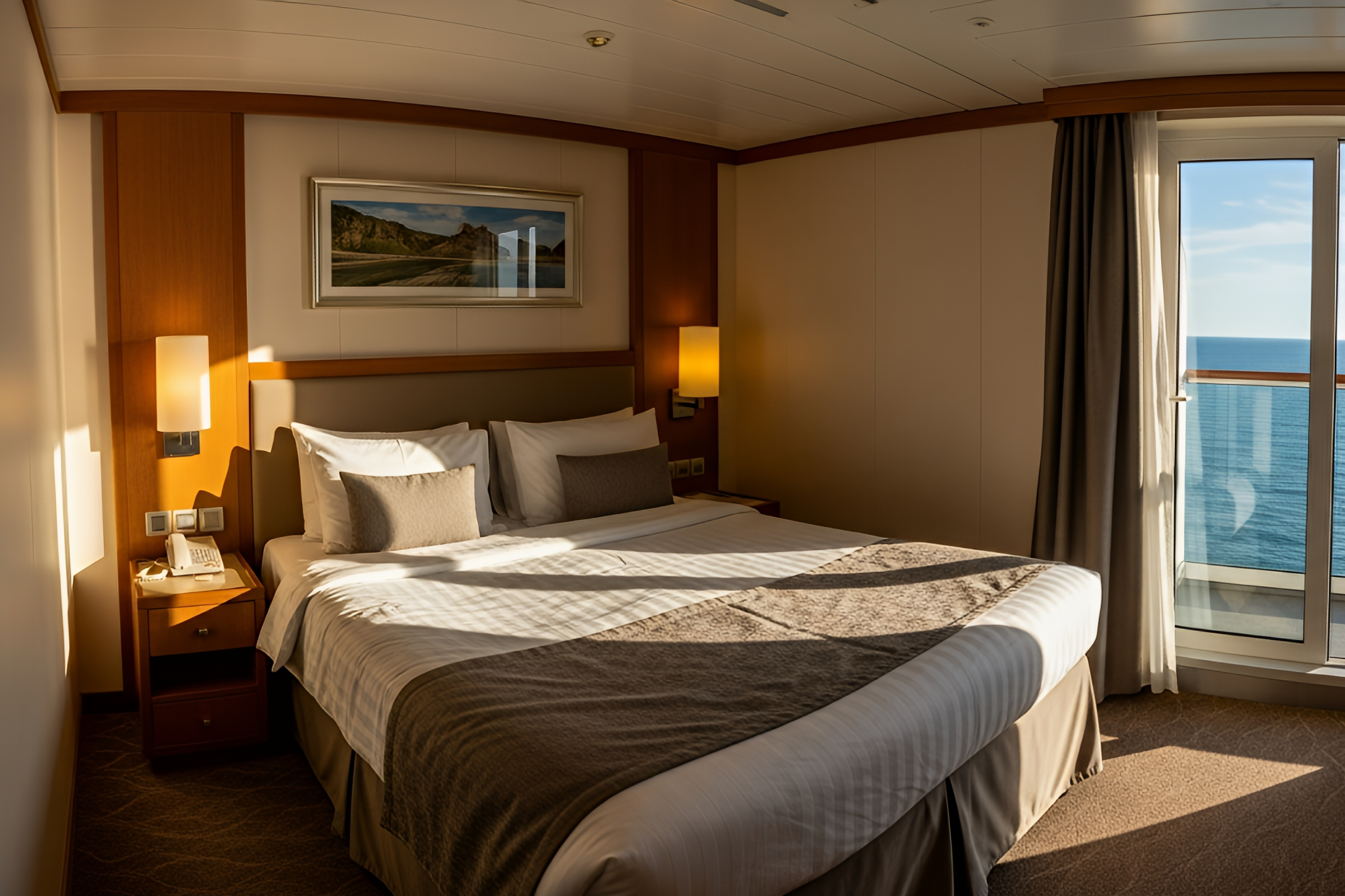 Starboard vs Port Side example of a cruise ship balcony cabin with ocean views, illustrating how sun exposure can vary throughout the day depending on the ship’s direction and cabin side