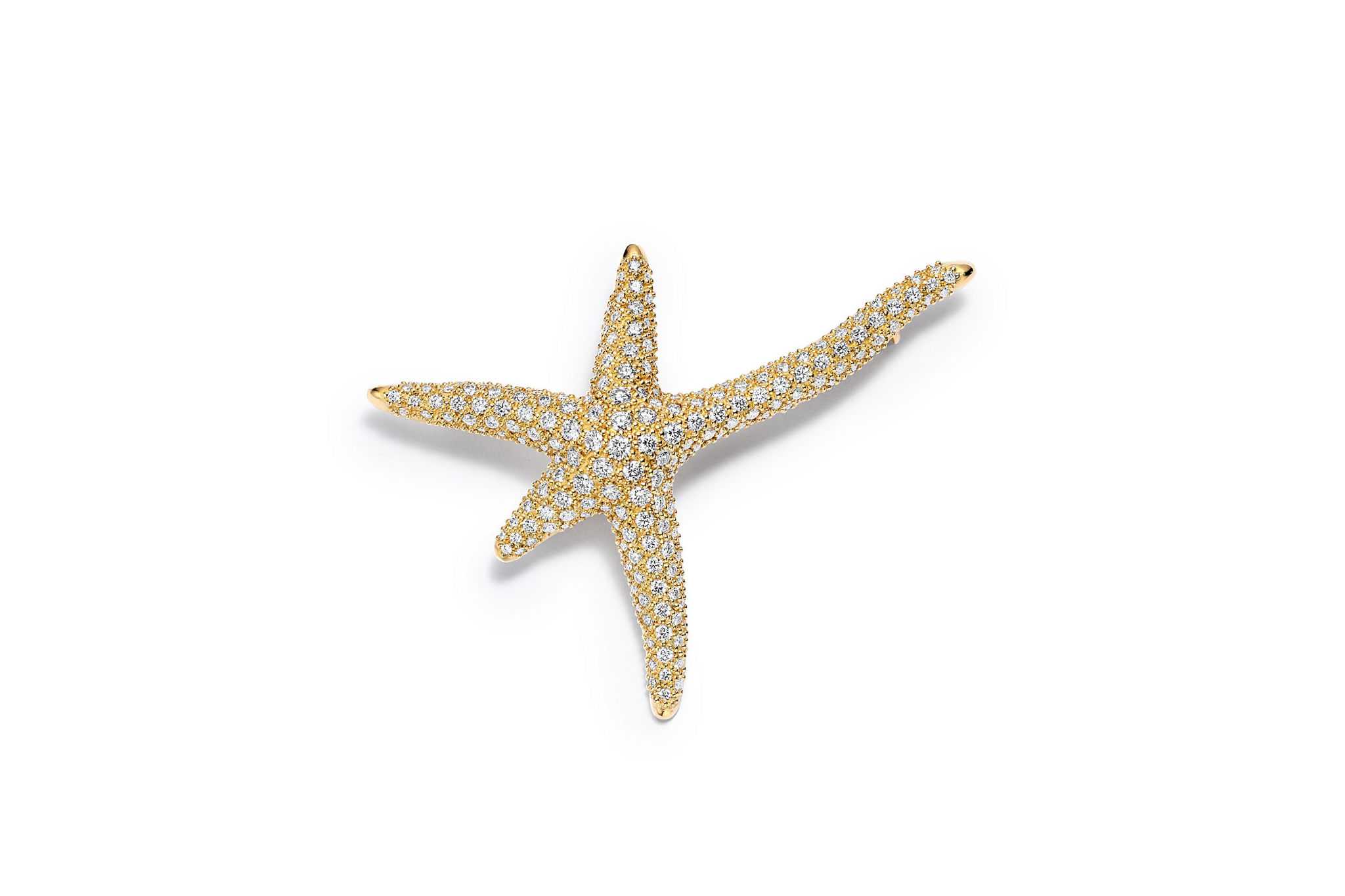 Elsa Peretti Starfish Brooch in Yellow Gold with Pavé Diamonds displayed against a white background, showcasing its fluid shape and sparkling pavé setting.