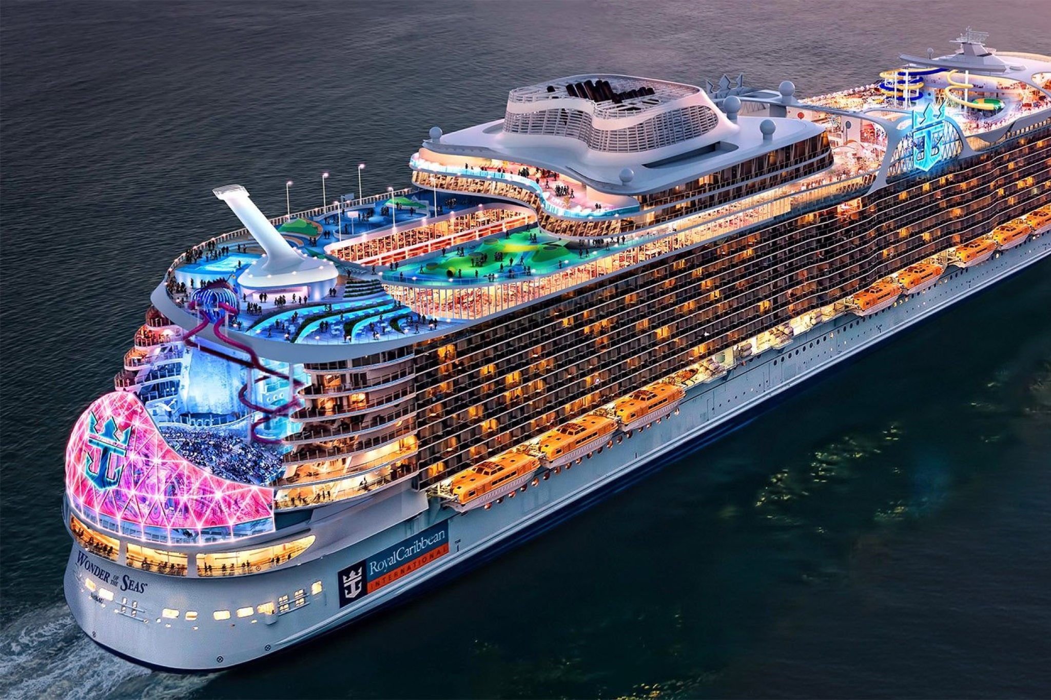 Royal Caribbean cruise ship navigating calm waters at sunset, showcasing one of the Best Overall Cruise Lines in 2025 known for innovative ships, family-friendly entertainment, and exceptional onboard amenities.