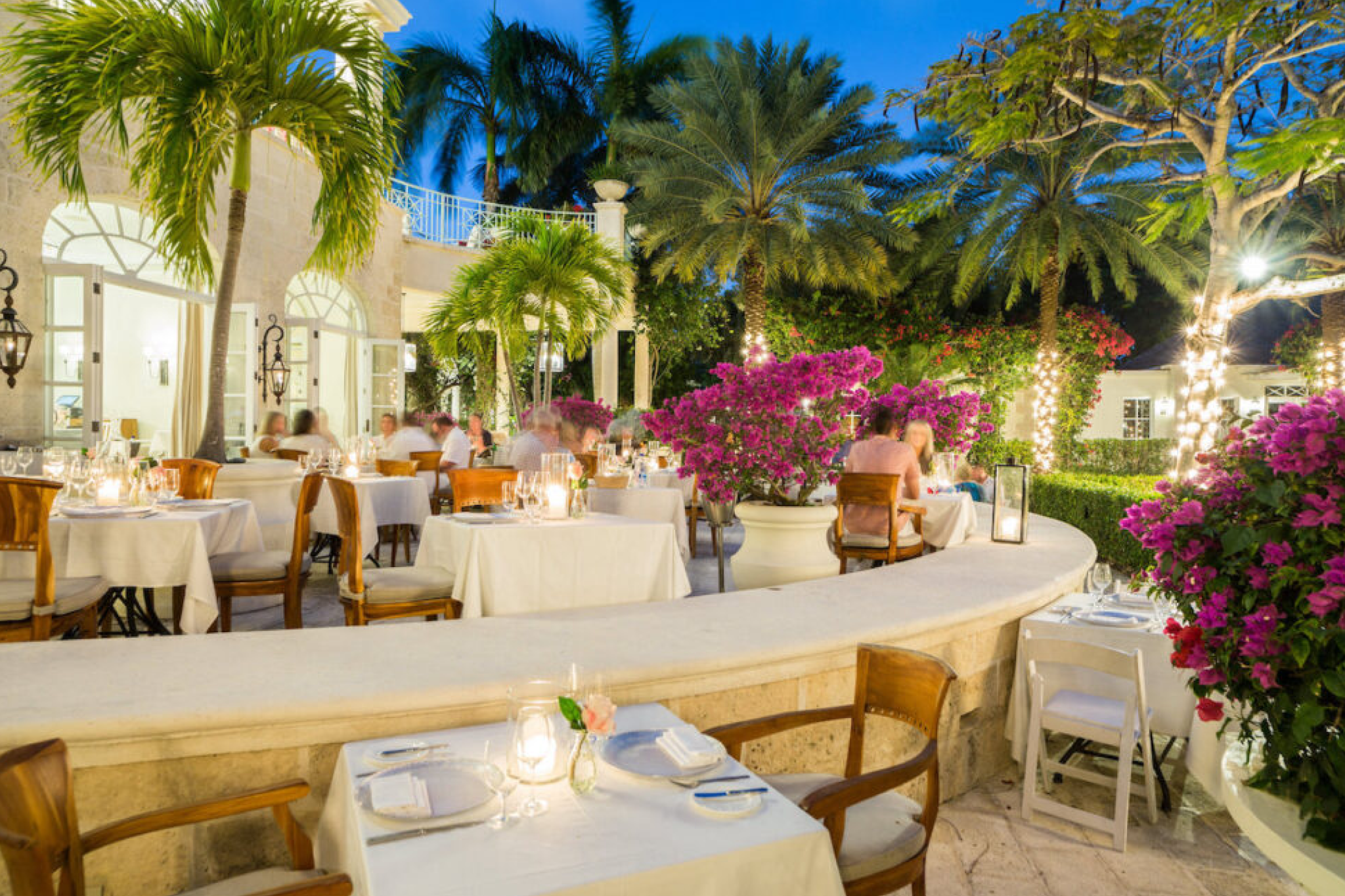 Romantic outdoor dining at The Palms Turks and Caicos surrounded by palm trees and flowers
