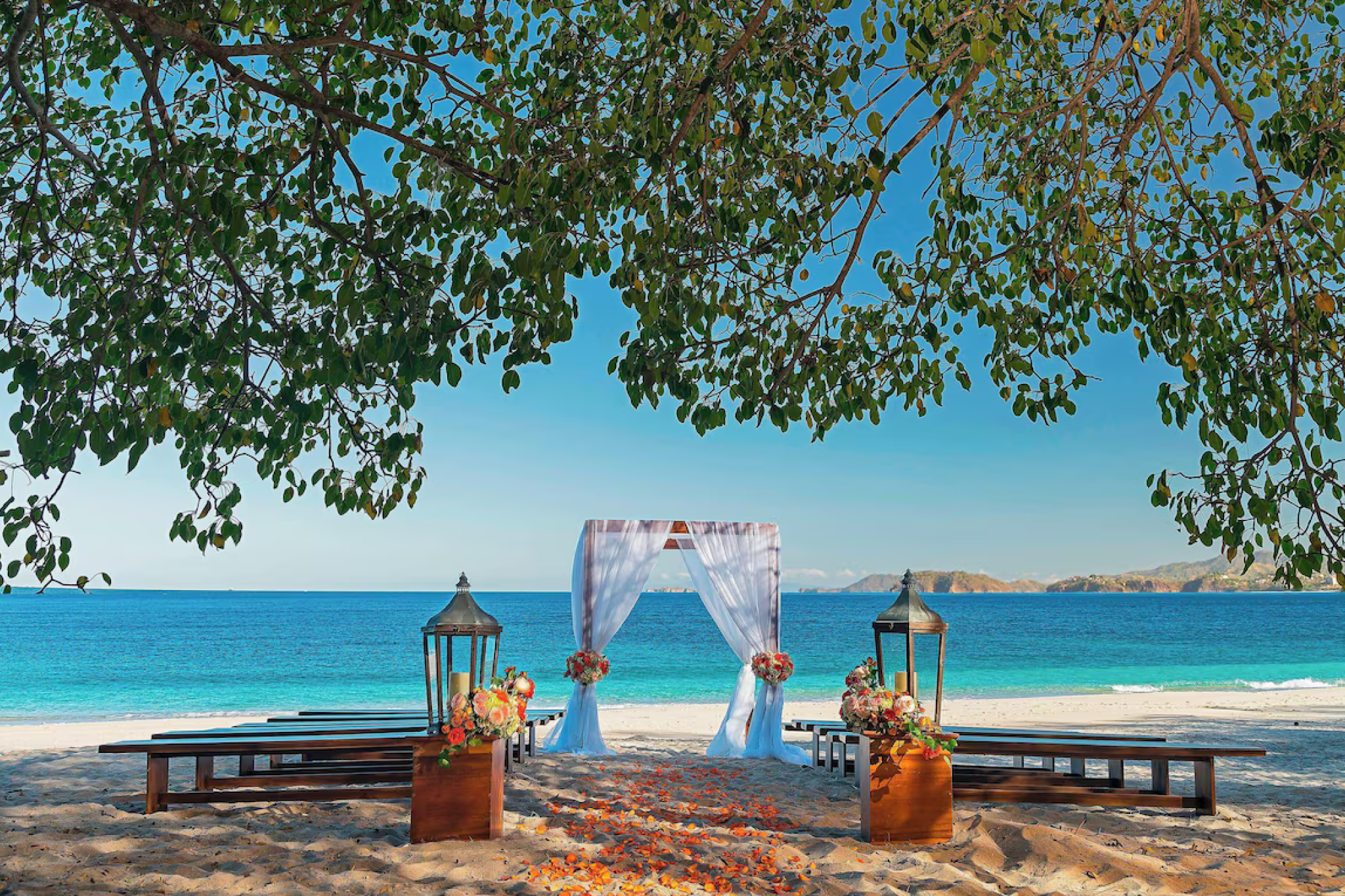Beachfront wedding setup under a canopy with ocean views at The Westin Reserva Conchal.